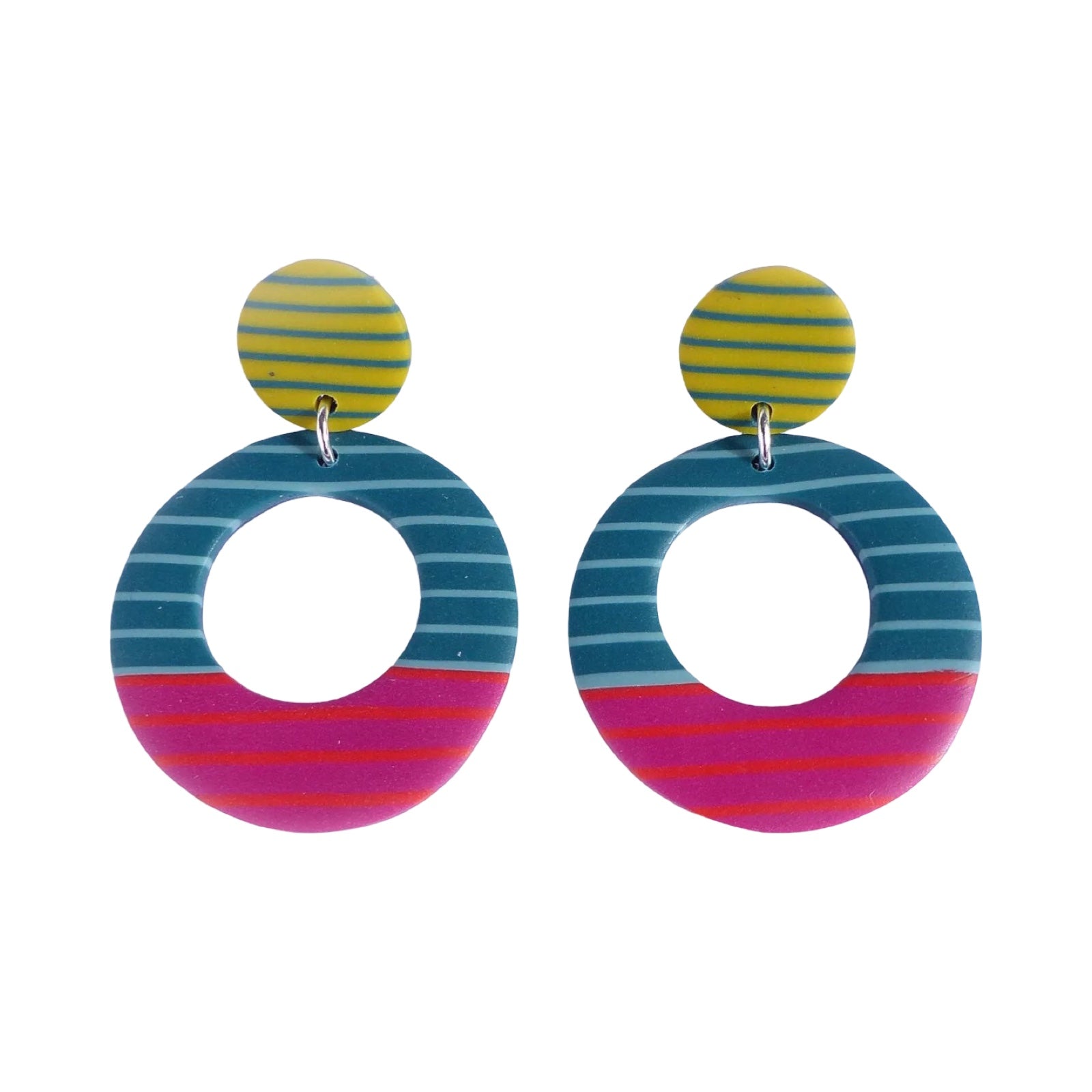teal and pink striped hoop earrings with a yellow striped circle stud