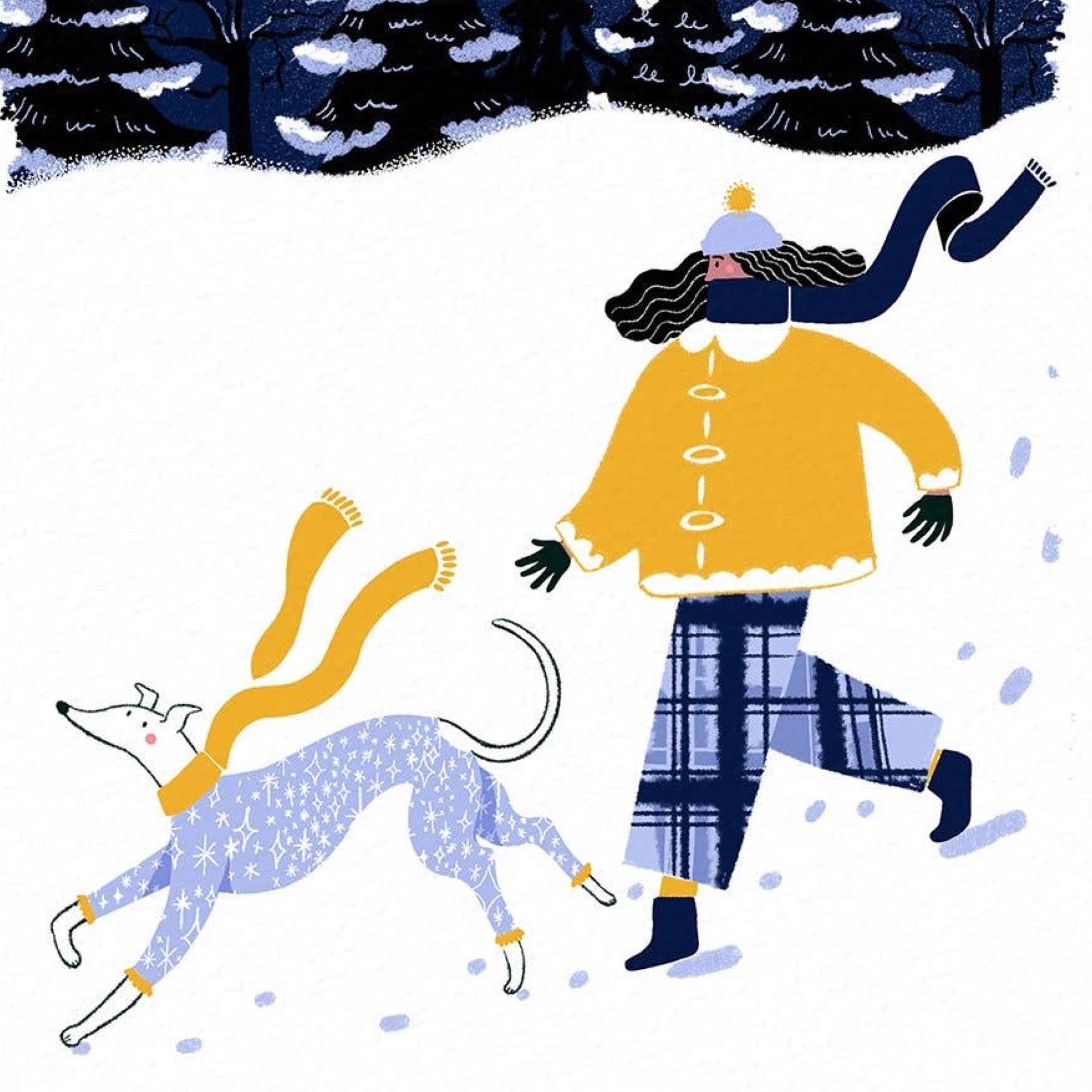 Close up of winter walks card featuring a woman in a yellow and blue outfit walking a dog in the snow.