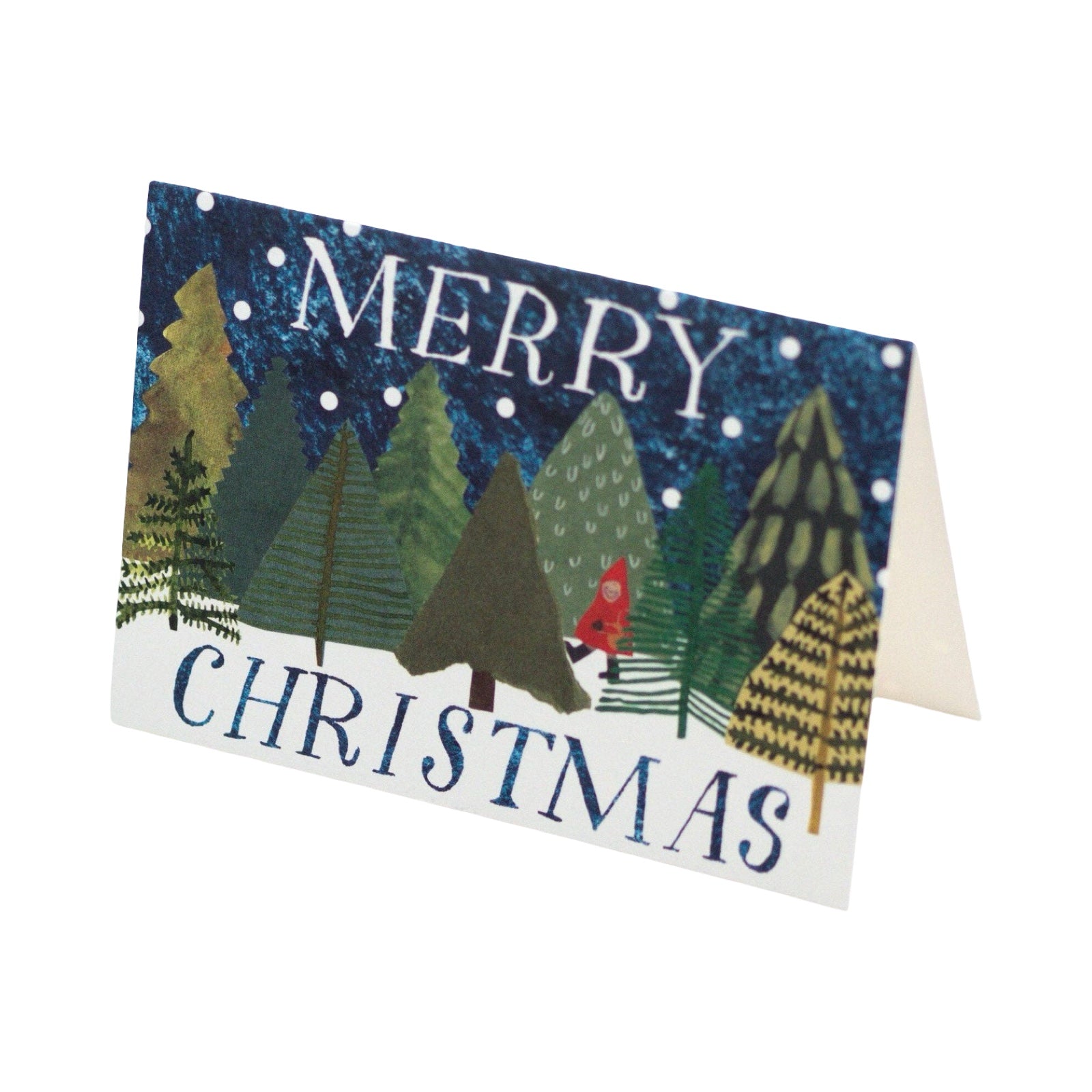 Christmas card with trees and 'Merry Christmas' text on a blue and white background.