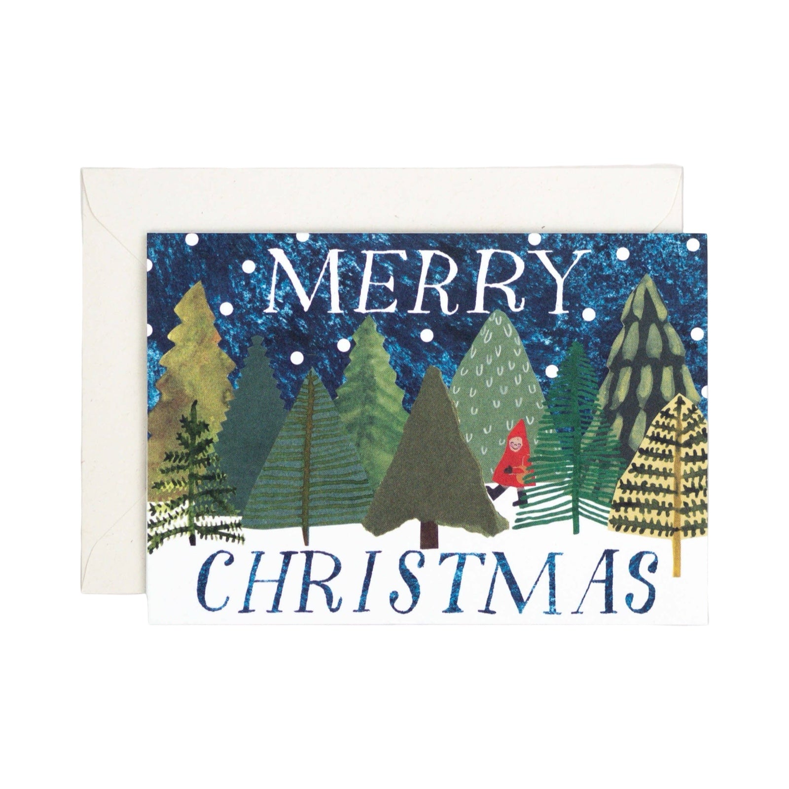 Christmas card with trees and 'Merry Christmas' text on a blue and white background.