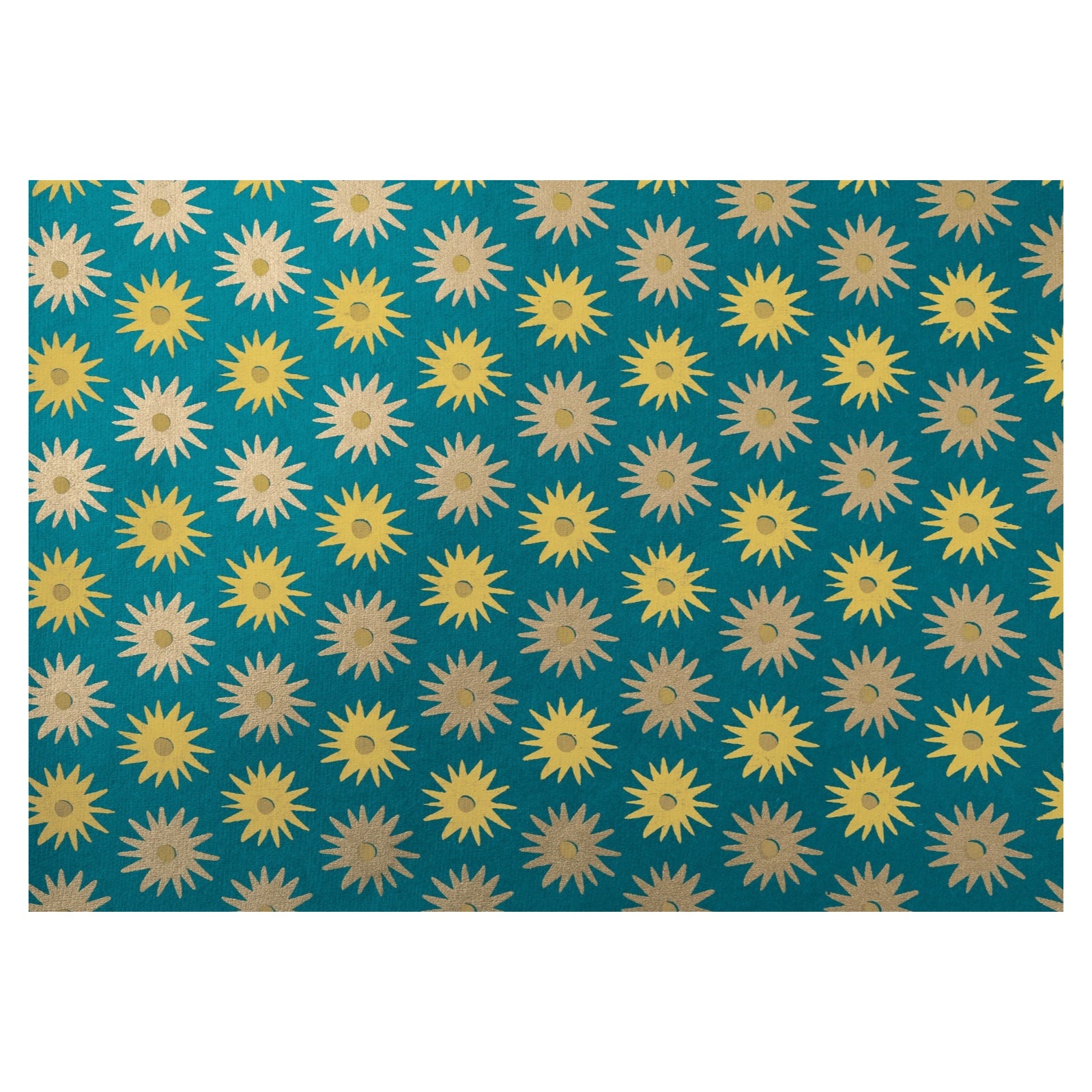 Gorgeous screen-printed Christmas wrapping paper with gold and yellow flowers against a green background. 
