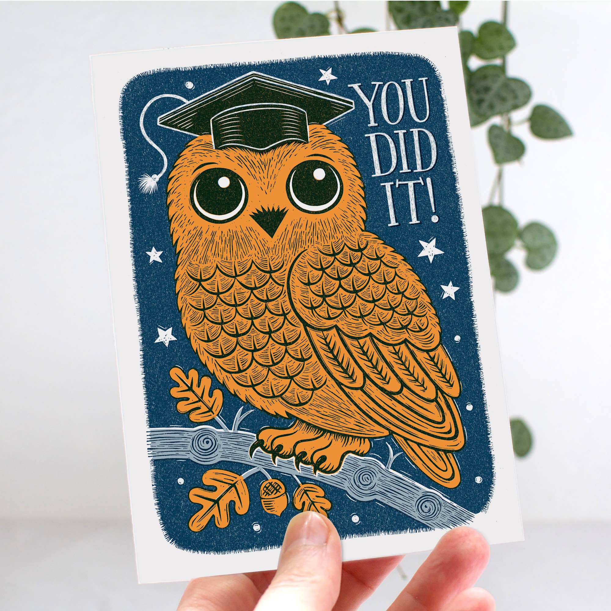 Graduation-themed card with an owl wearing a cap and 'You Did It!' text, held by a hand.