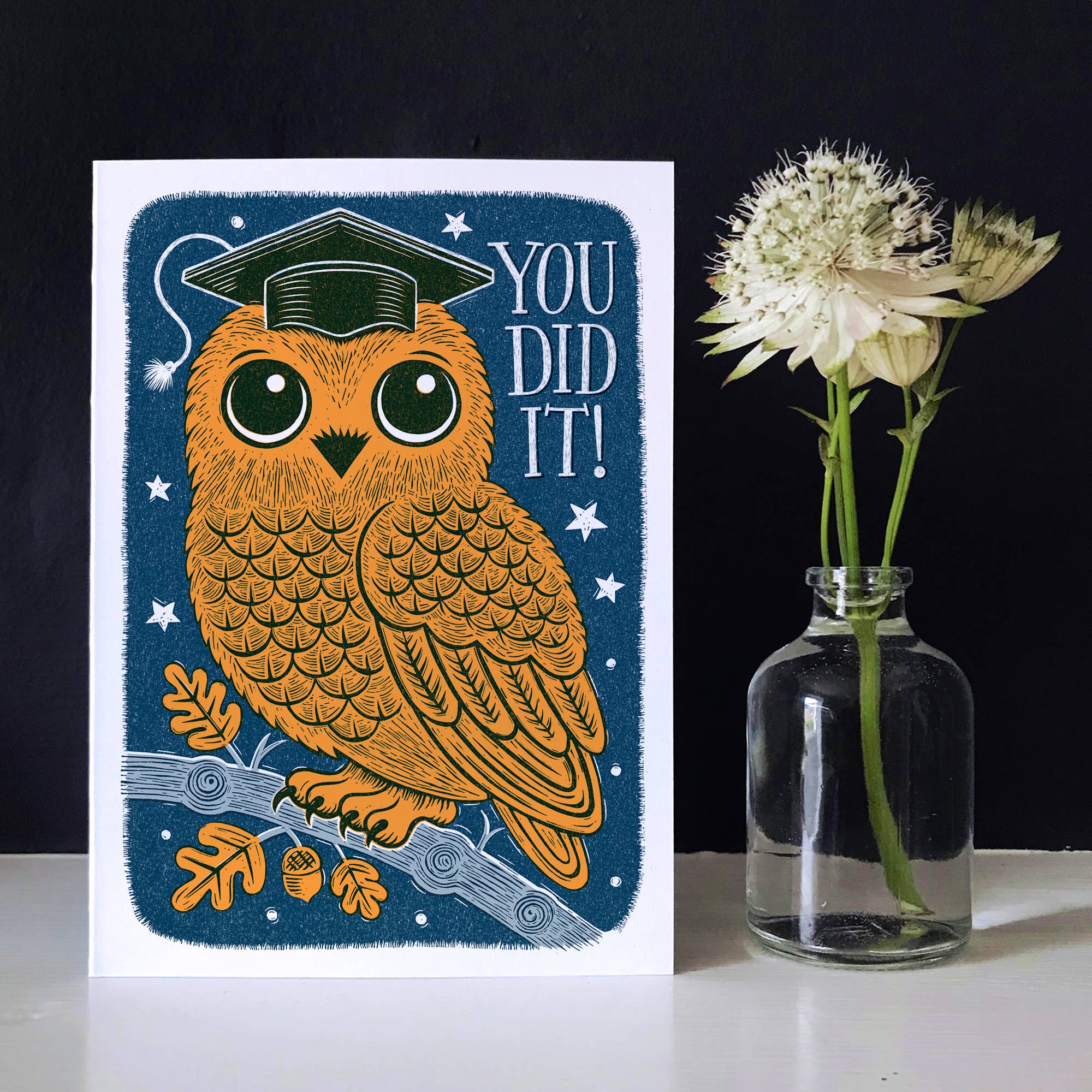 Graduation-themed card with an owl wearing a cap and tassel, next to a vase with flowers on a dark background.
