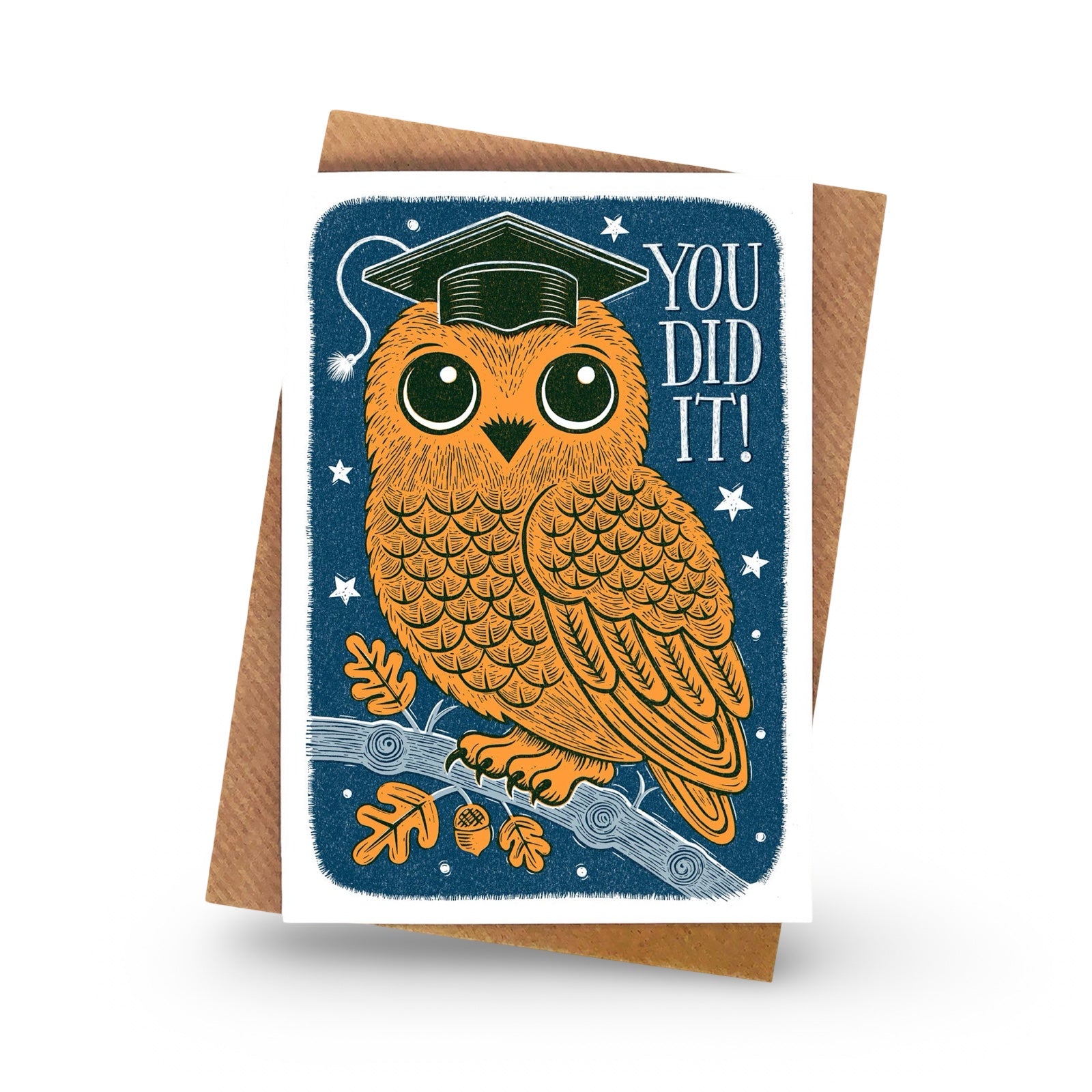 Graduation-themed card with an owl wearing a cap and 'YOU DID IT!' text on a blue background.