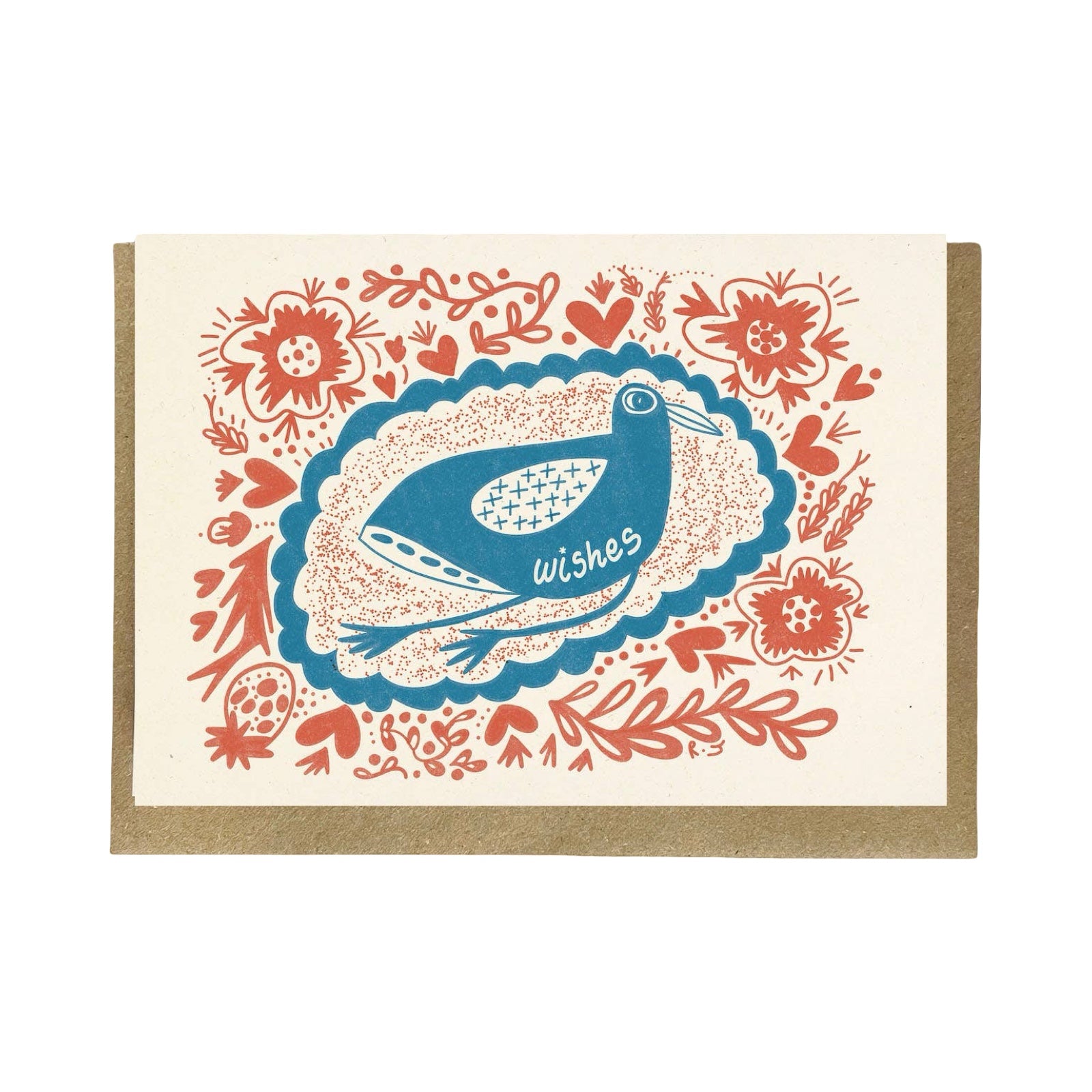 This card features a folk-inspired design of a blue bird surrounded by red flowers and foliage, with the text 'wishes' written on the wing. 