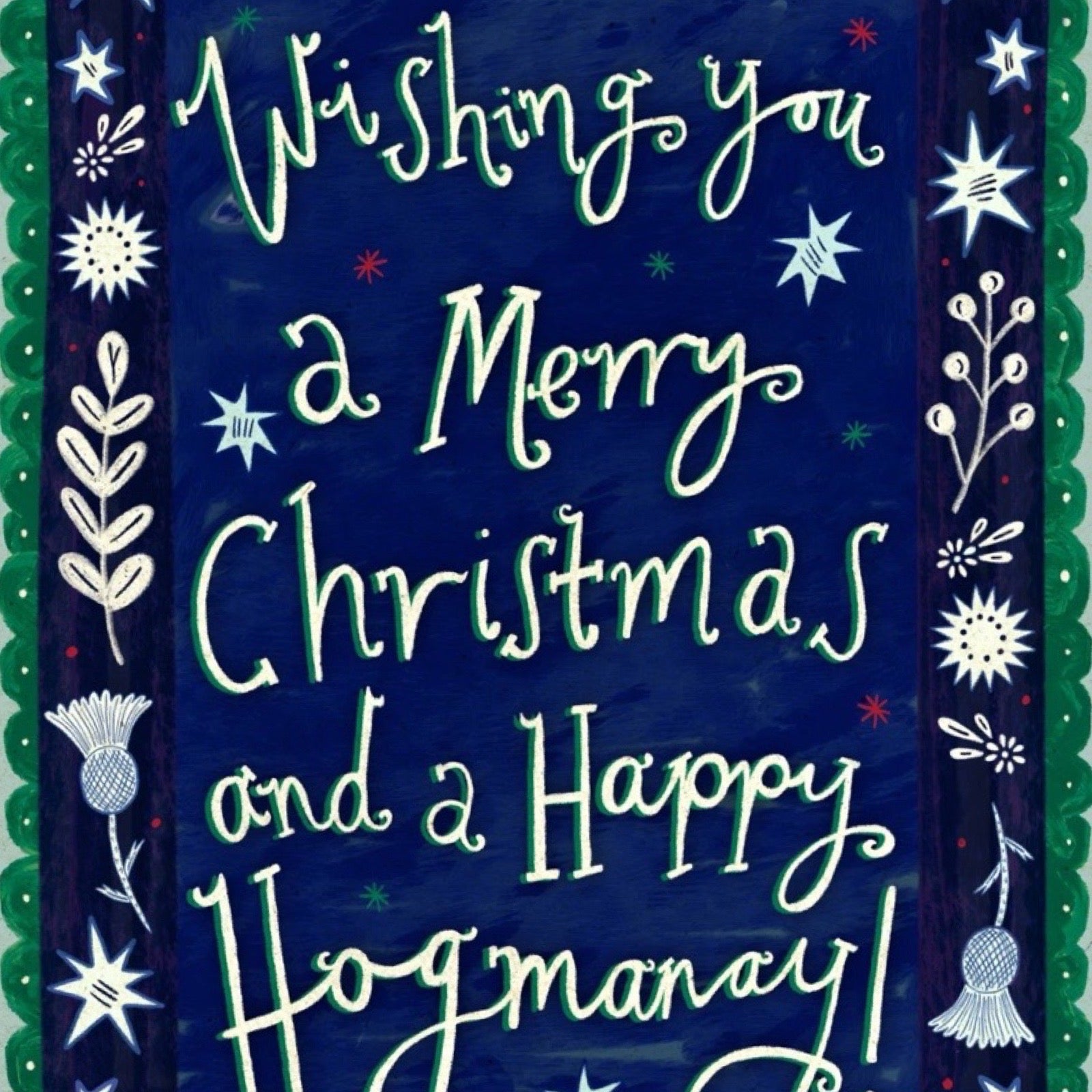 Card with the text Wishing you a Merry Christmas and a Happy Hogmanay! on. a blue background with white stars and a green boarder.
