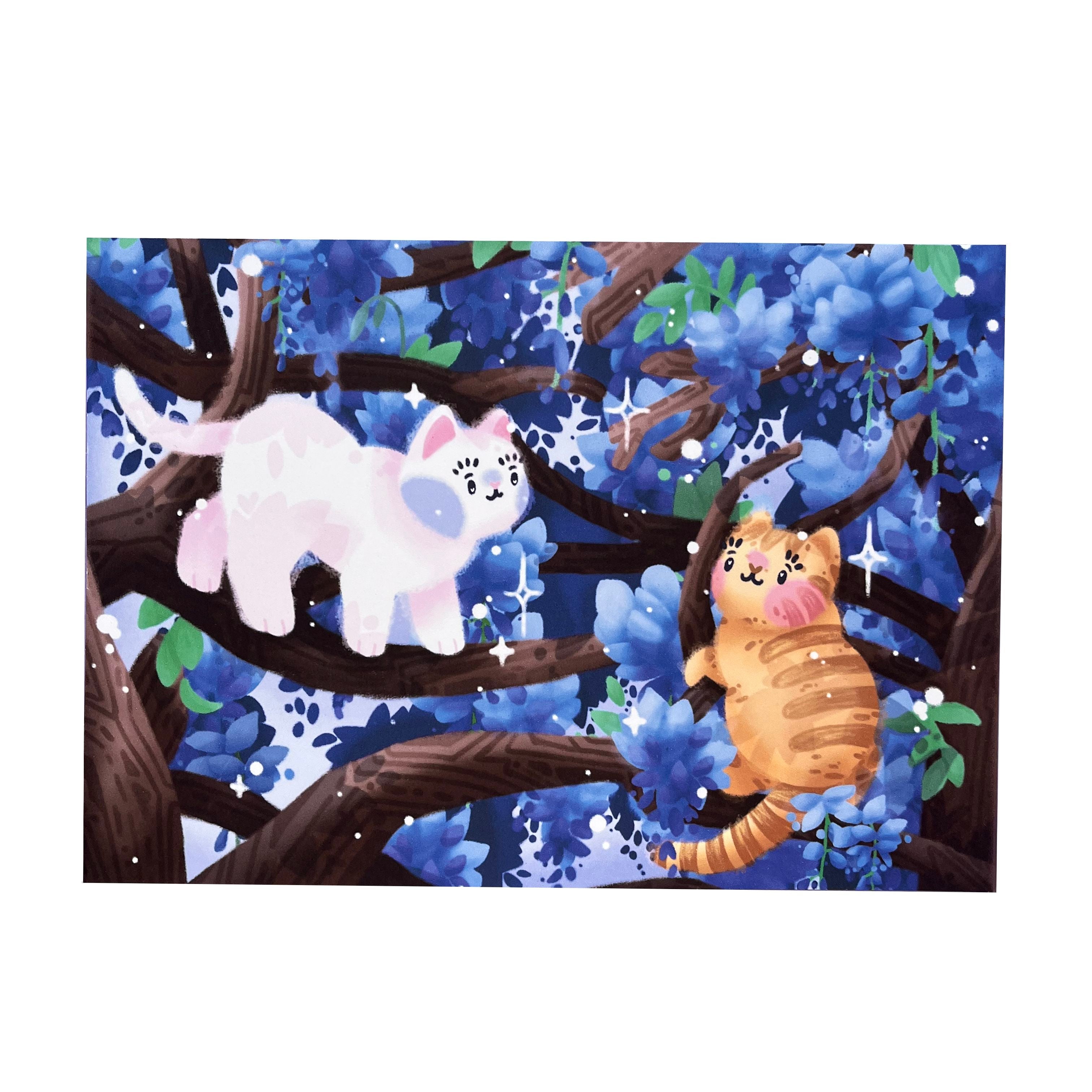 Photo of an art print of an illustration of two cats (white, left, and ginger, right) in wisteria trees.
