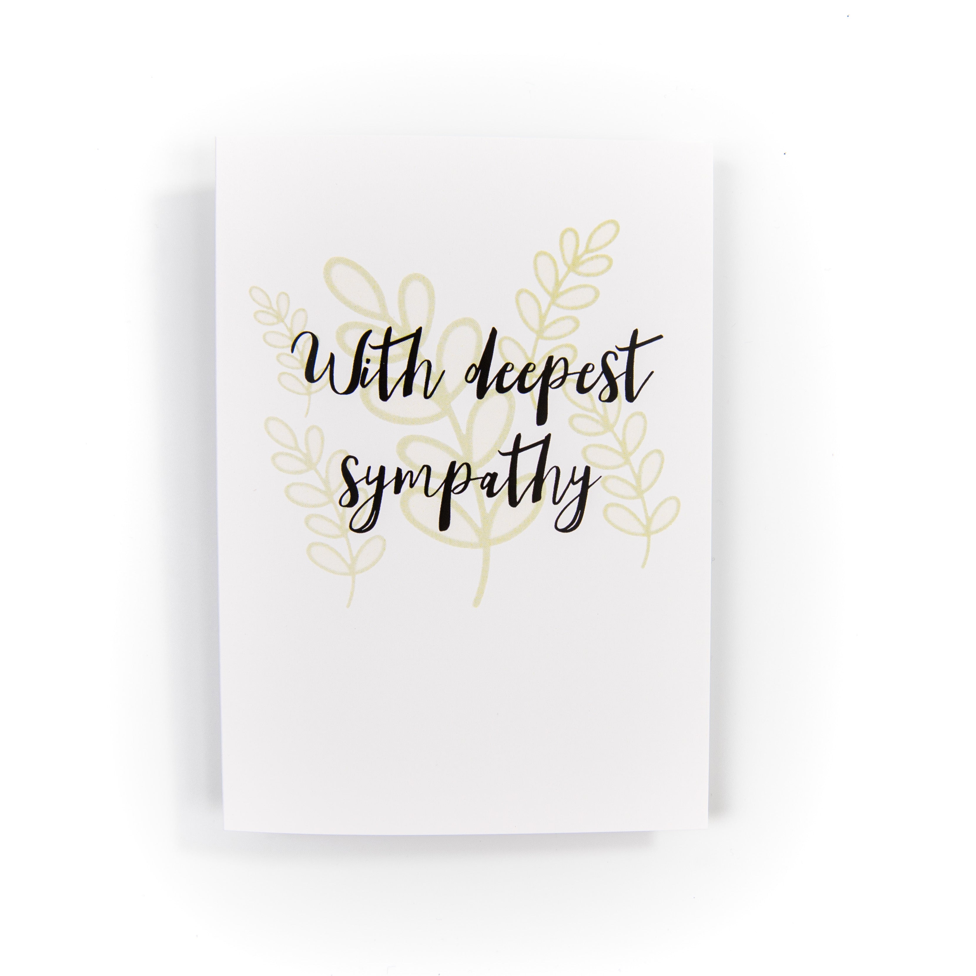 A greeting card with 'With deepest sympathy' written in elegant black script, surrounded by a decorative floral pattern in gold.