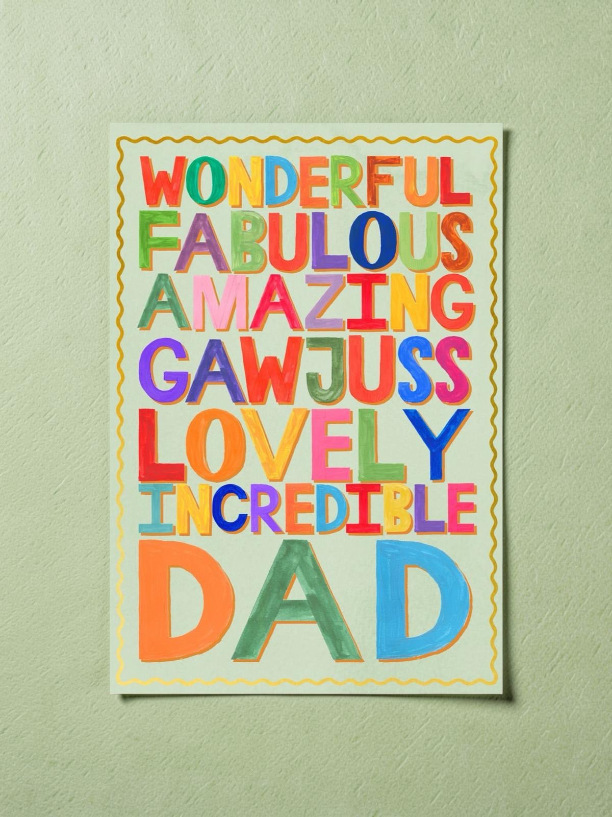 Colourful card with multicoloured text on a light green background.