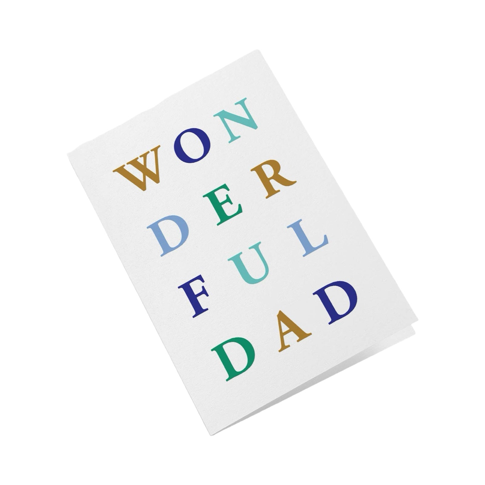 Father's Day card featuring the text 'Wonderful Dad' in mustard, green, and navy uppercase lettering against a white background.