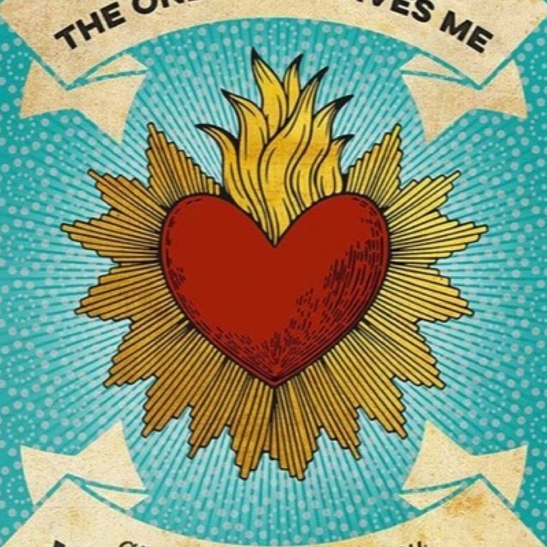 Red heart with gold rays on a blue and beige background.