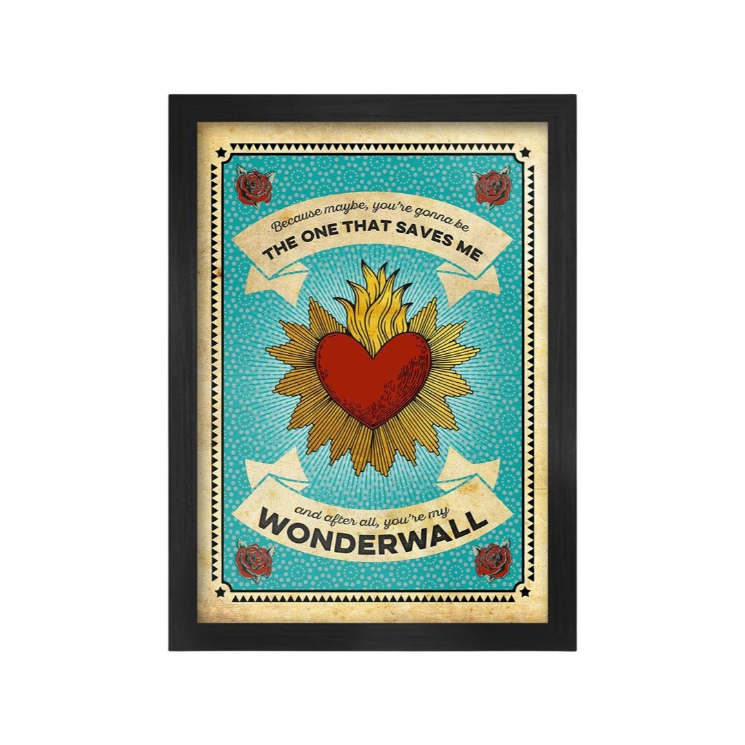 A decorative art print featuring a red love heart and gold flames design, with white text above and below the heart, set against a turquoise retro floral background, and red roses in the corners.