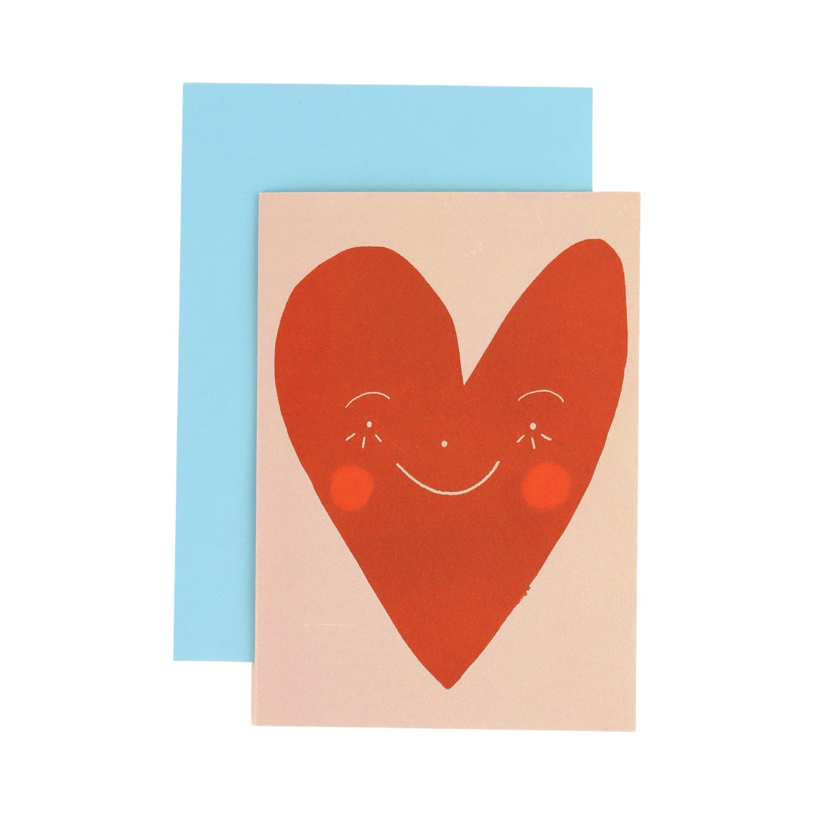 Card with a giant wonky red love heart in the centre with a smiling face and red rosy cheeks against a cream background