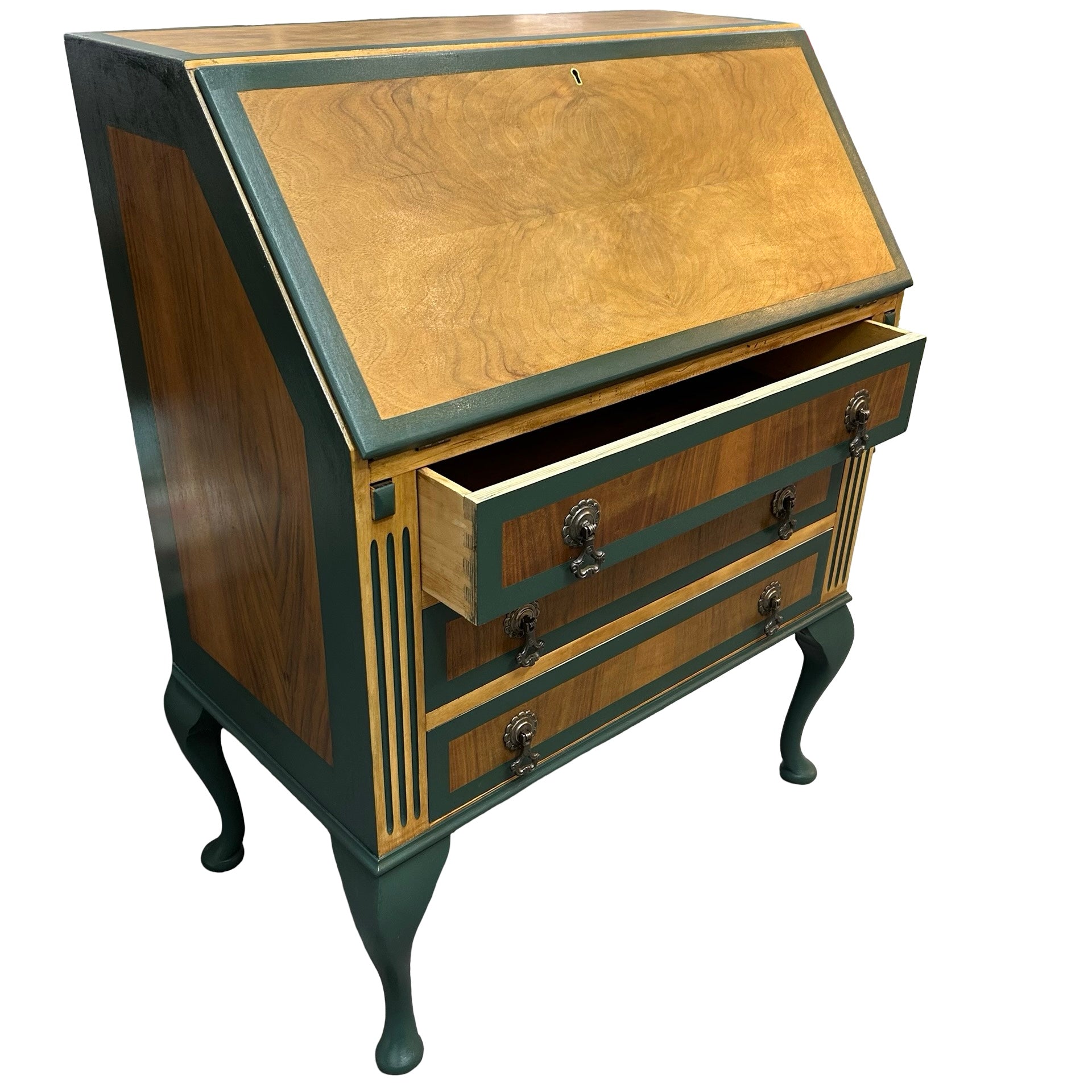 Upcycled Oak veneer 1930s bureau with dark green painted detail.