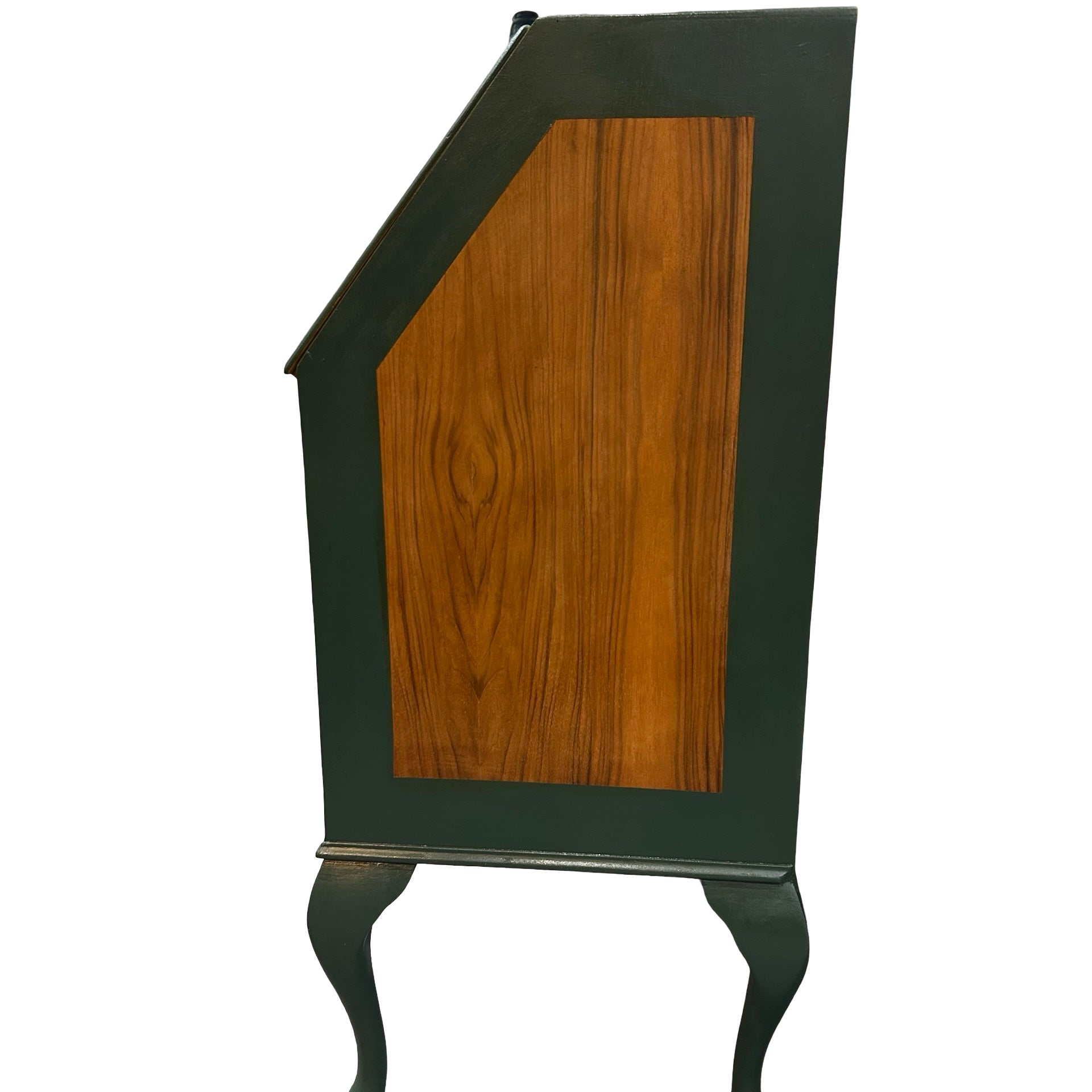Upcycled Oak veneer 1930s bureau with dark green painted detail.