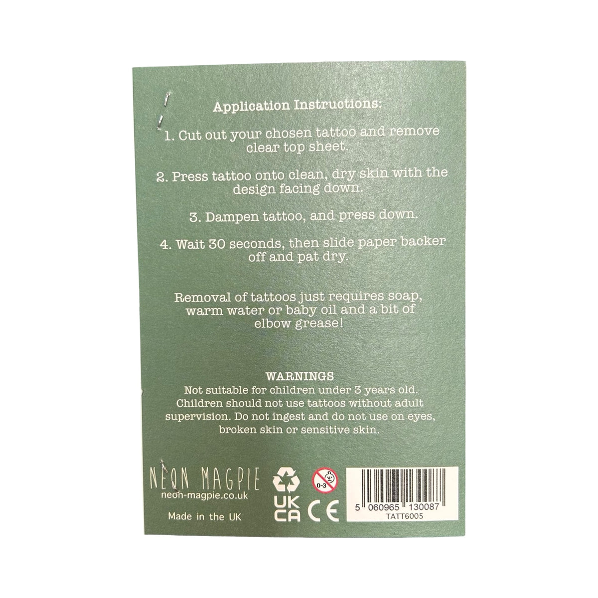 Showing the reverse of the woodland tattoos packet