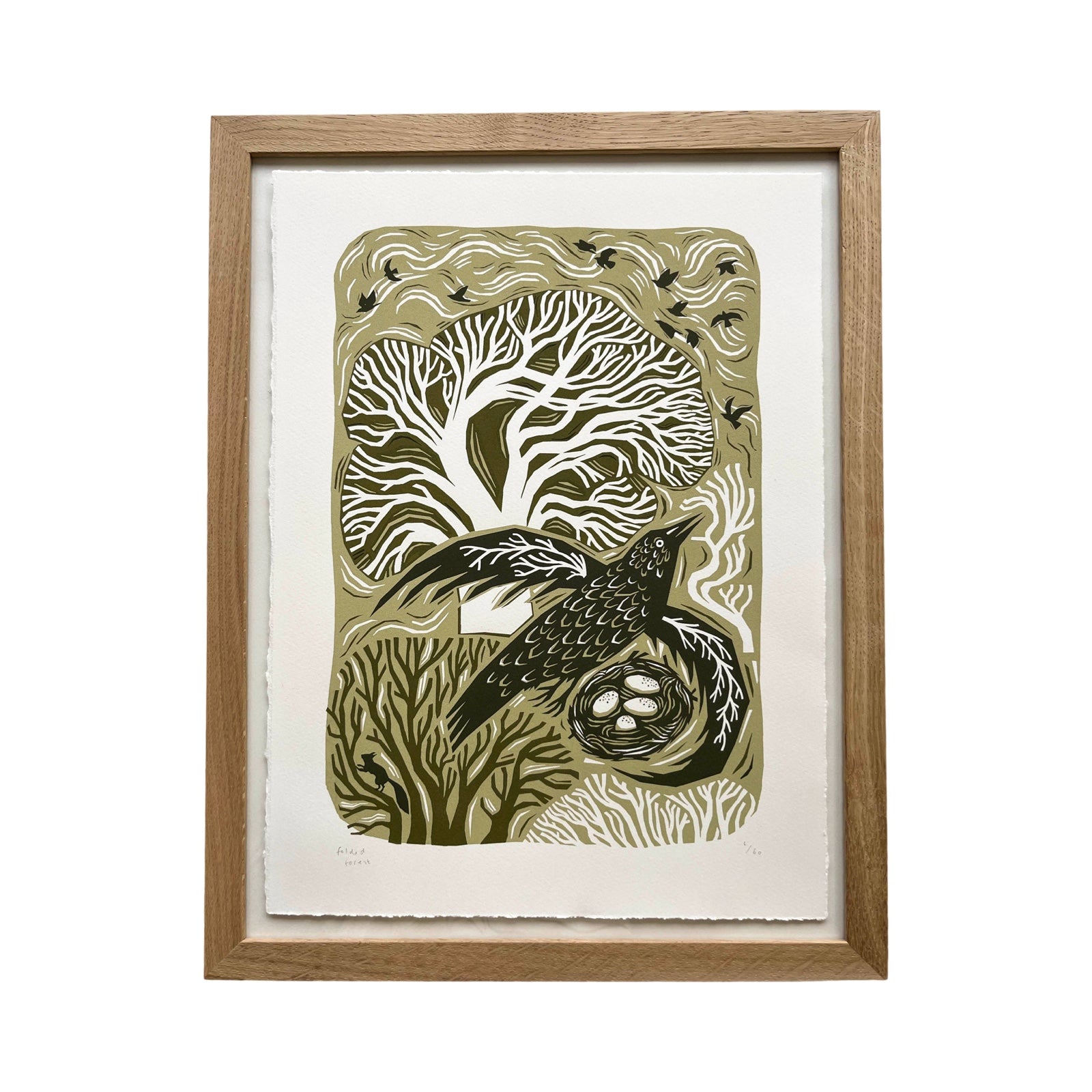This woodland bird screen print is printed in three shades of green. It features a bird flying over its nest with trees behind, and is printed on hand-torn, thick, satin white paper.