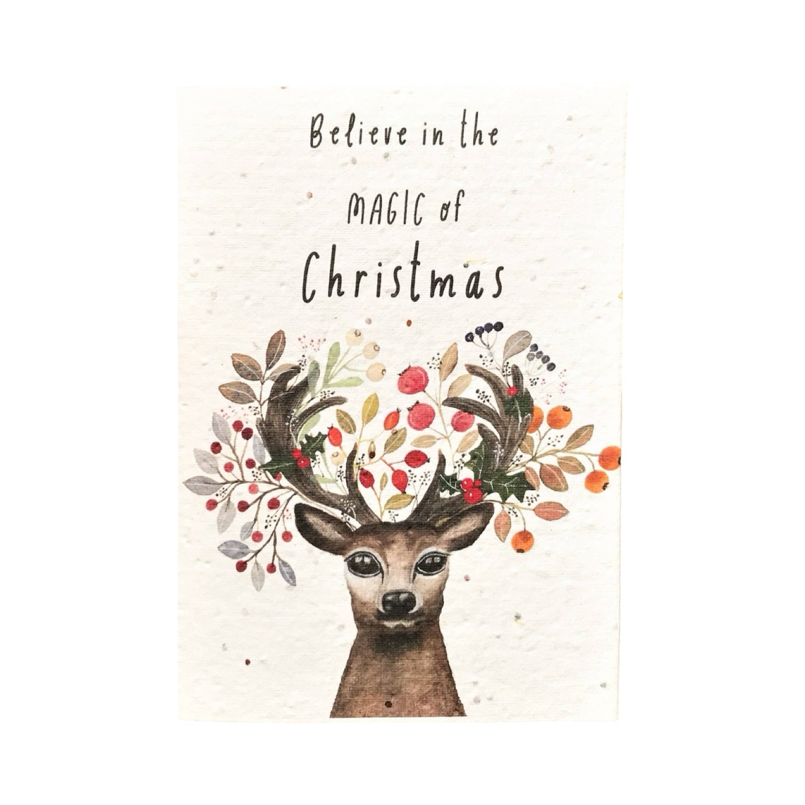 A Christmas card featuring a watercolour deer with antlers decorated with red berries, orange leaves, and green foliage, set against a textured off-white background. The text at the top reads 'Believe in the magic of Christmas' in a black handwritten font.