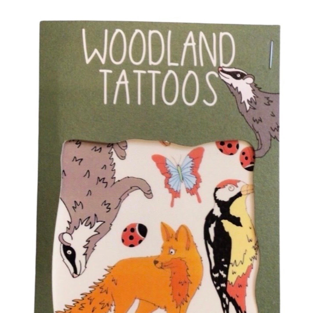 Set of wildlife-themed temporary transfer tattoos features a badger, a fox and a woodpecker.