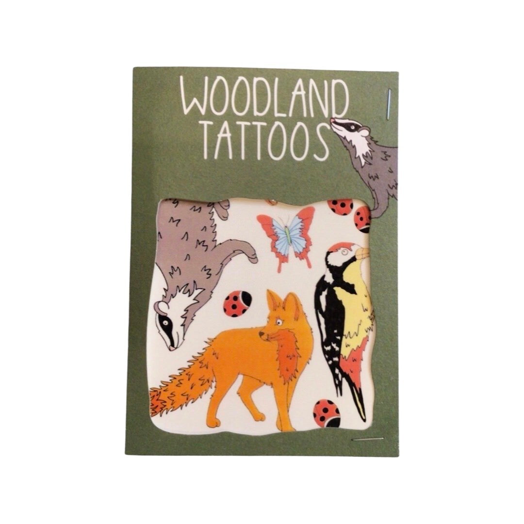 Set of wildlife-themed temporary transfer tattoos features a badger, a fox and a woodpecker.