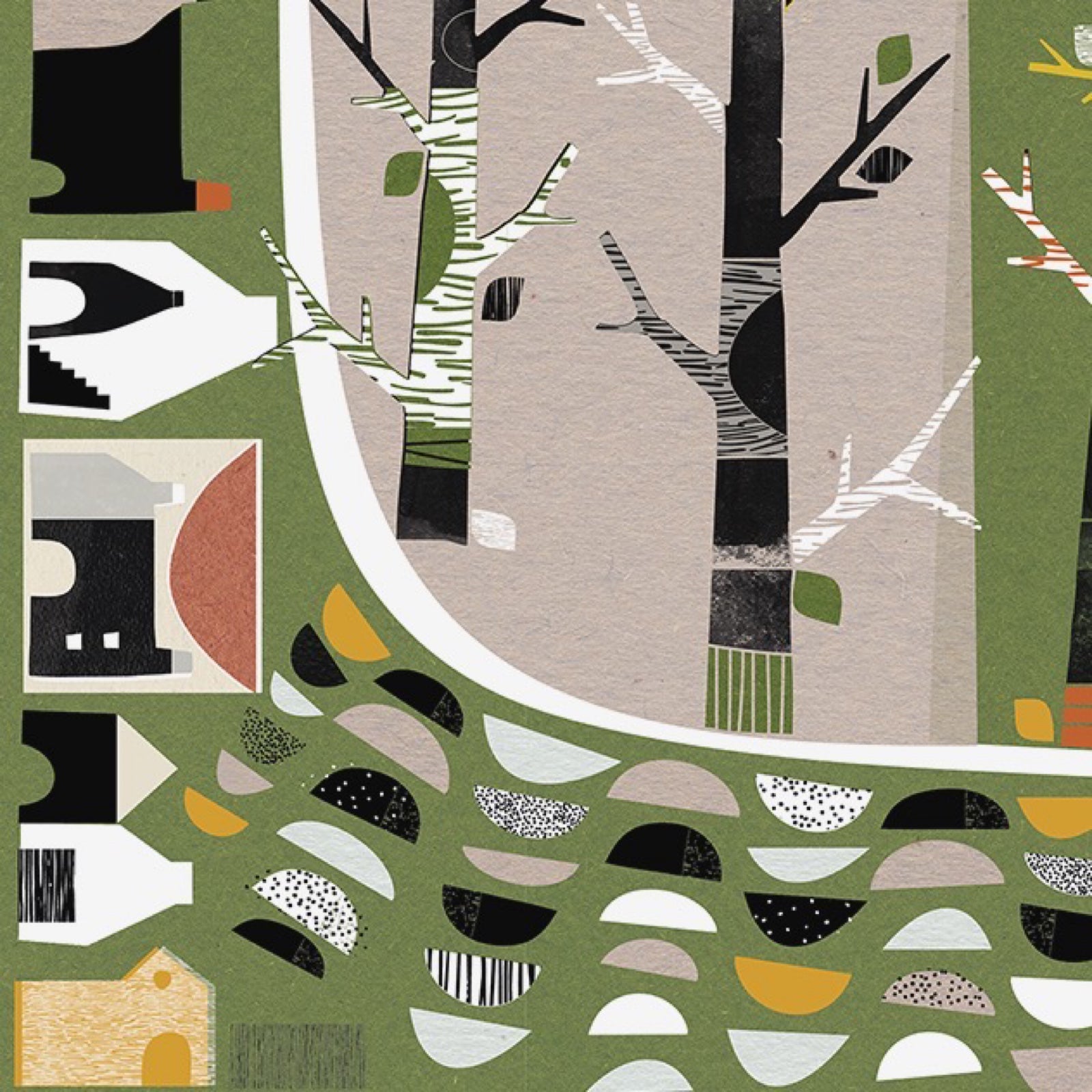 A square mixed media art print of a woodland village with houses, trees and grass, all in shades of green, black, white, grey and mustard.