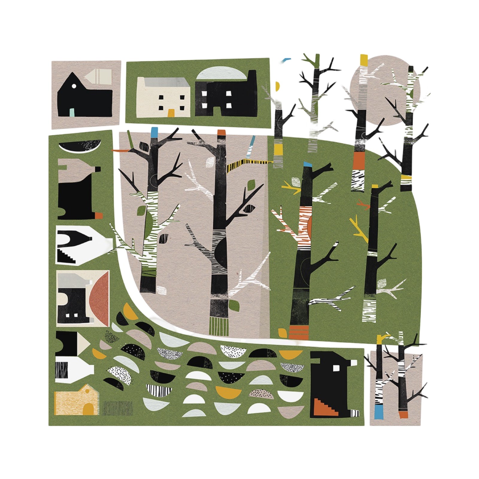 A square mixed media art print of a woodland village with houses, trees and grass, all in shades of green, black, white, grey and mustard.