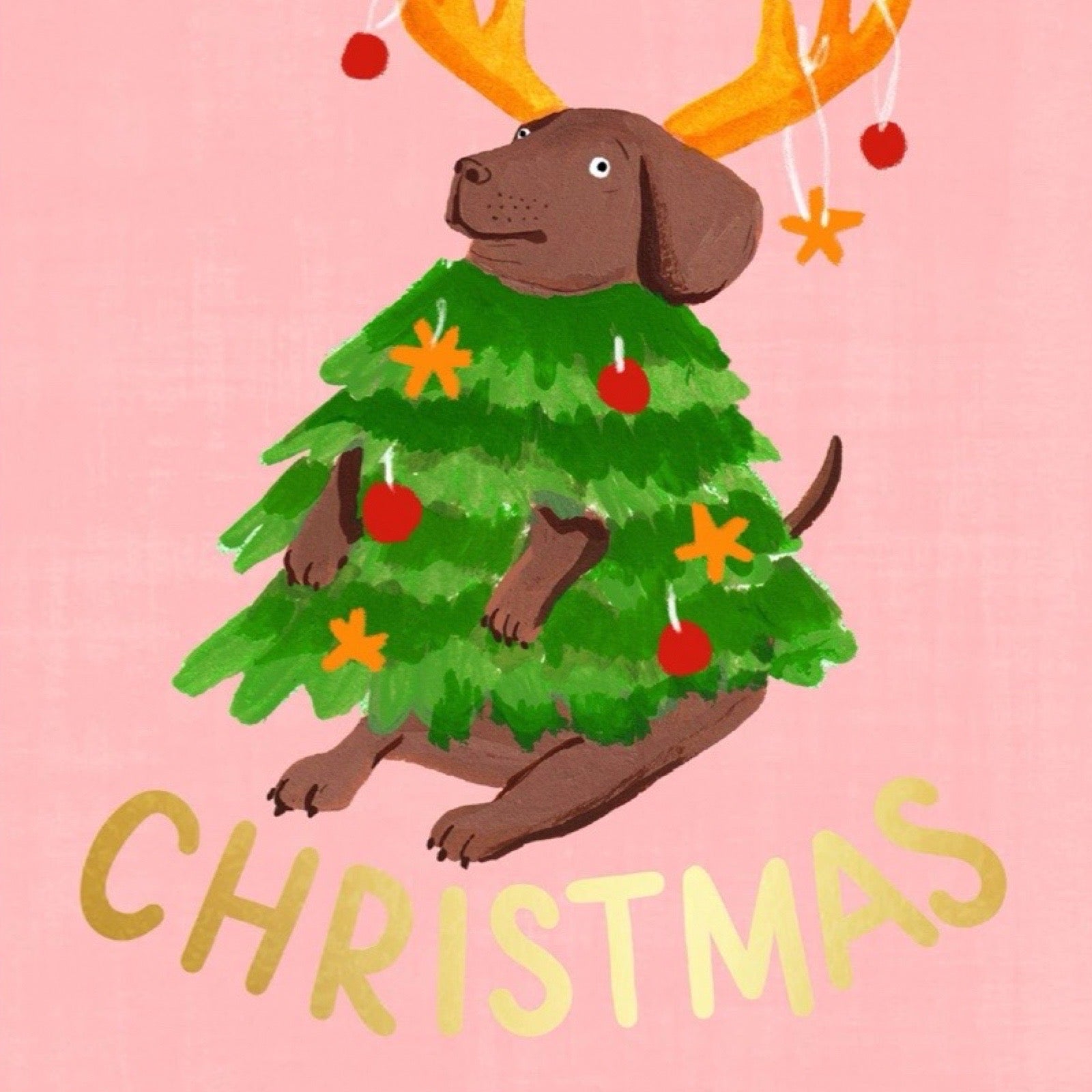 Illustration of a dog with reindeer antlers and Christmas tree outfit on a pink background with 'Christmas' text.