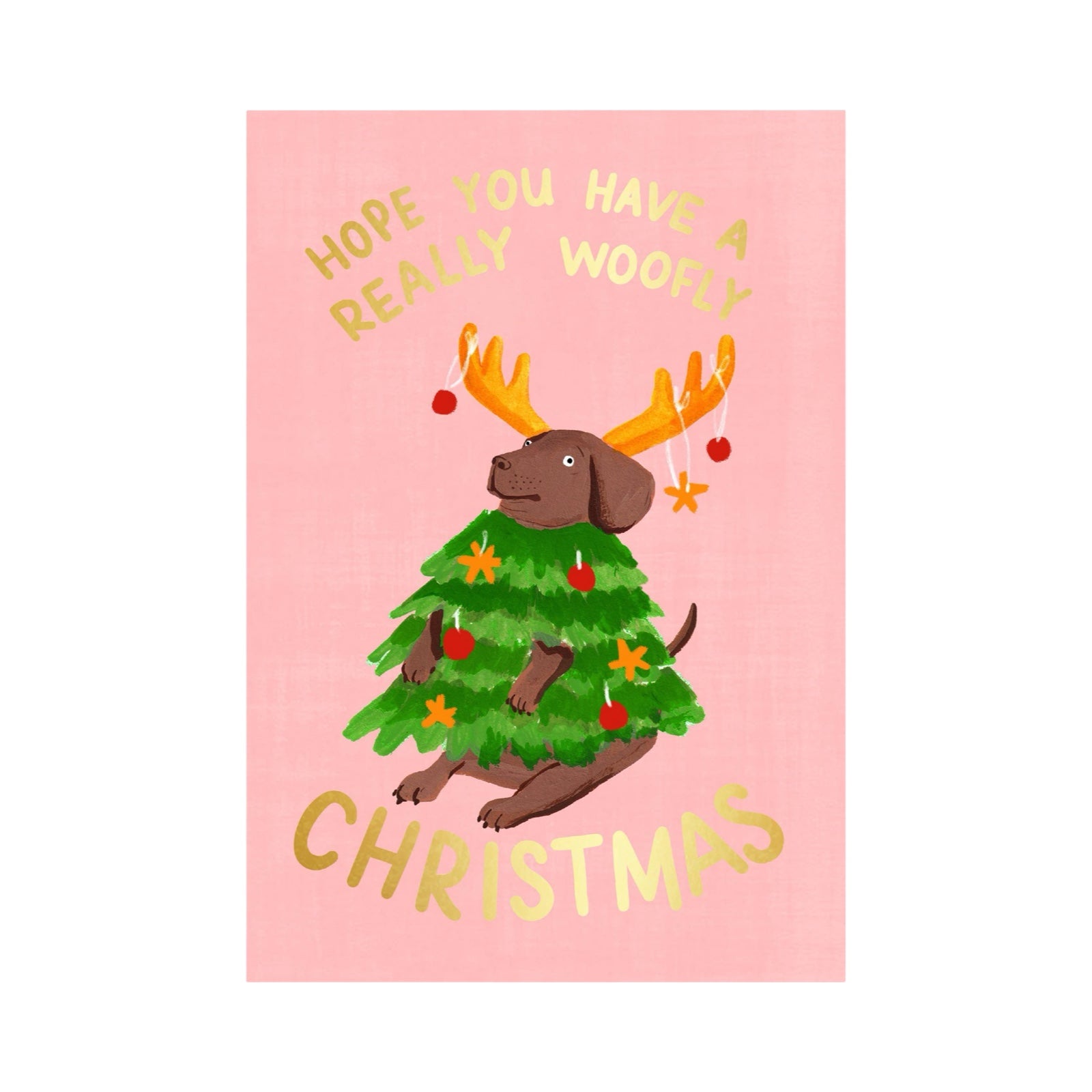 Christmas card featuring a cute brown dog dressed up as a Christmas tree, and the text 'Hope you have a really woofly Christmas' written in gold. 