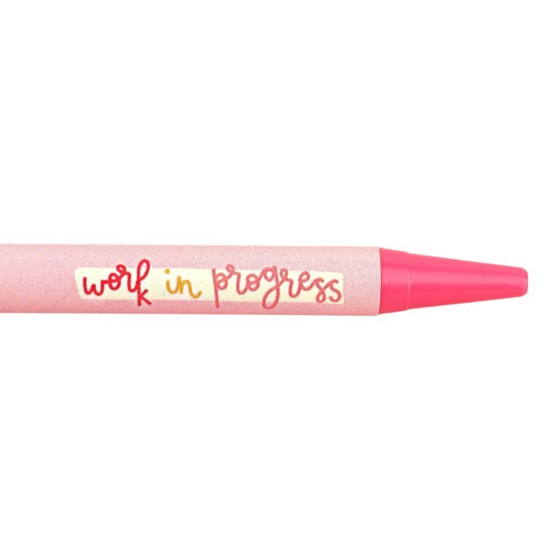 Colourful ballpoint pen featuring the text Work In Progress. 
