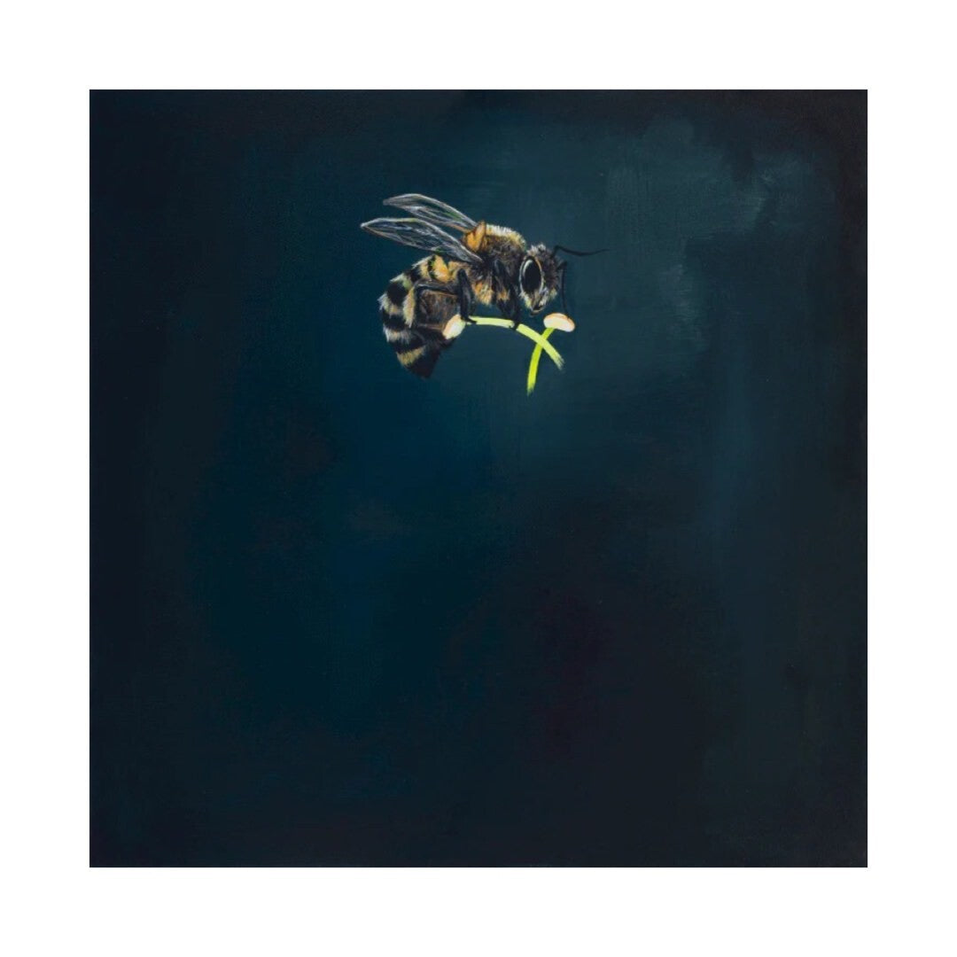 A gorgeous print of a worker bee on a navy background is taken from an original painting.