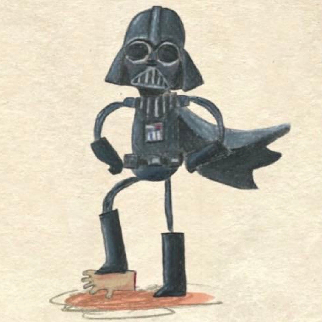 Cartoon-style Darth Vader on a beige background.