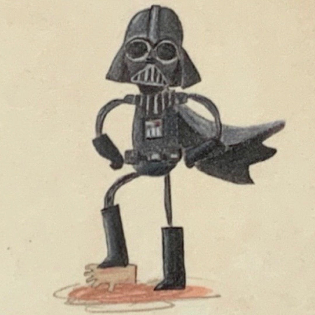 Cartoonish depiction Darth Vader on a beige background.