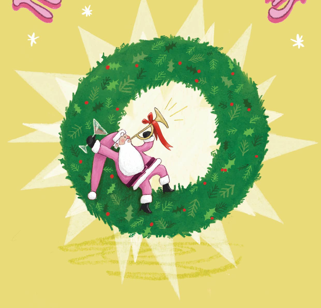 A festive illustration of a Christmas wreath on a pale yellow background, with Santa Claus peeking out from inside the green wreath wearing a pink suit and sunglasses.
