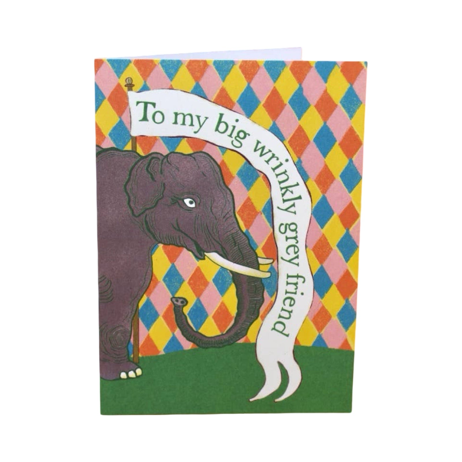 This card is for an old g=friend with a good sense of humour, it features a grey elephant standing on grass with a bright diamond coloured background, and the text "To My Wrinkly Grey Friend'.