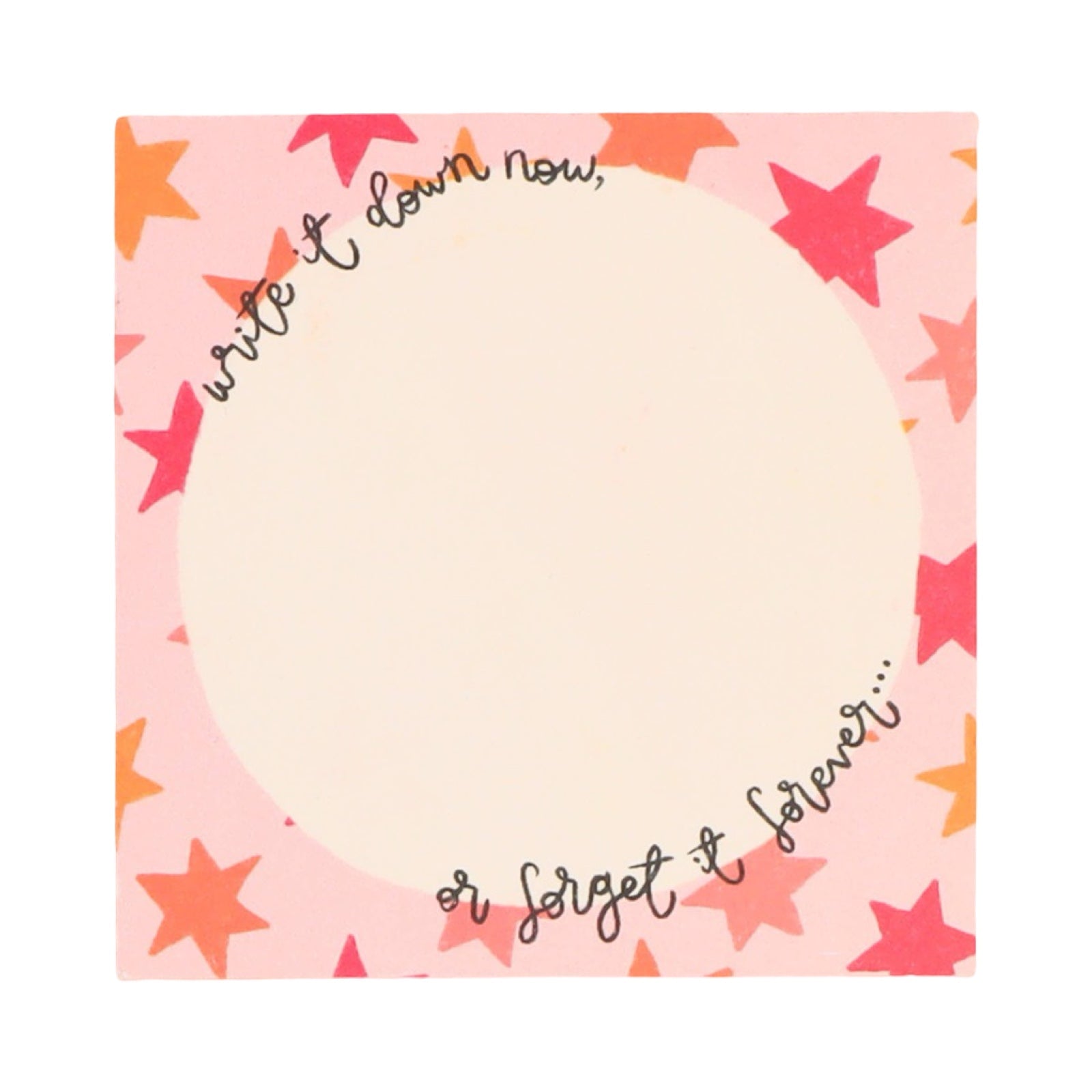 Memo pad featuring a pale pink border with pink and orange stars and a large cream cricle in the centre to write on