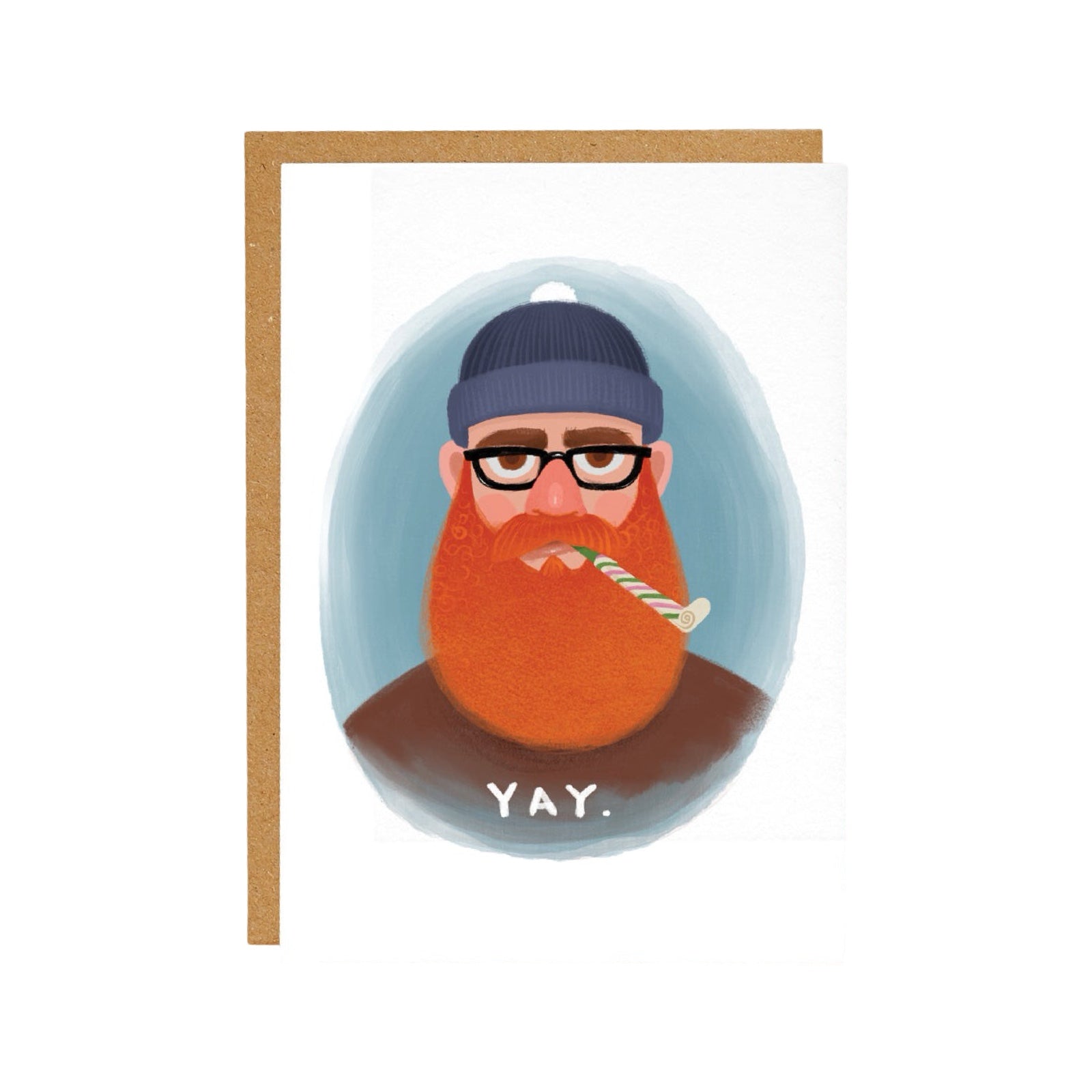 A brilliant card for the fun-loving man in your life! This card features an unimpressed-looking bearded man blowing a party horn and the text "Yay". 