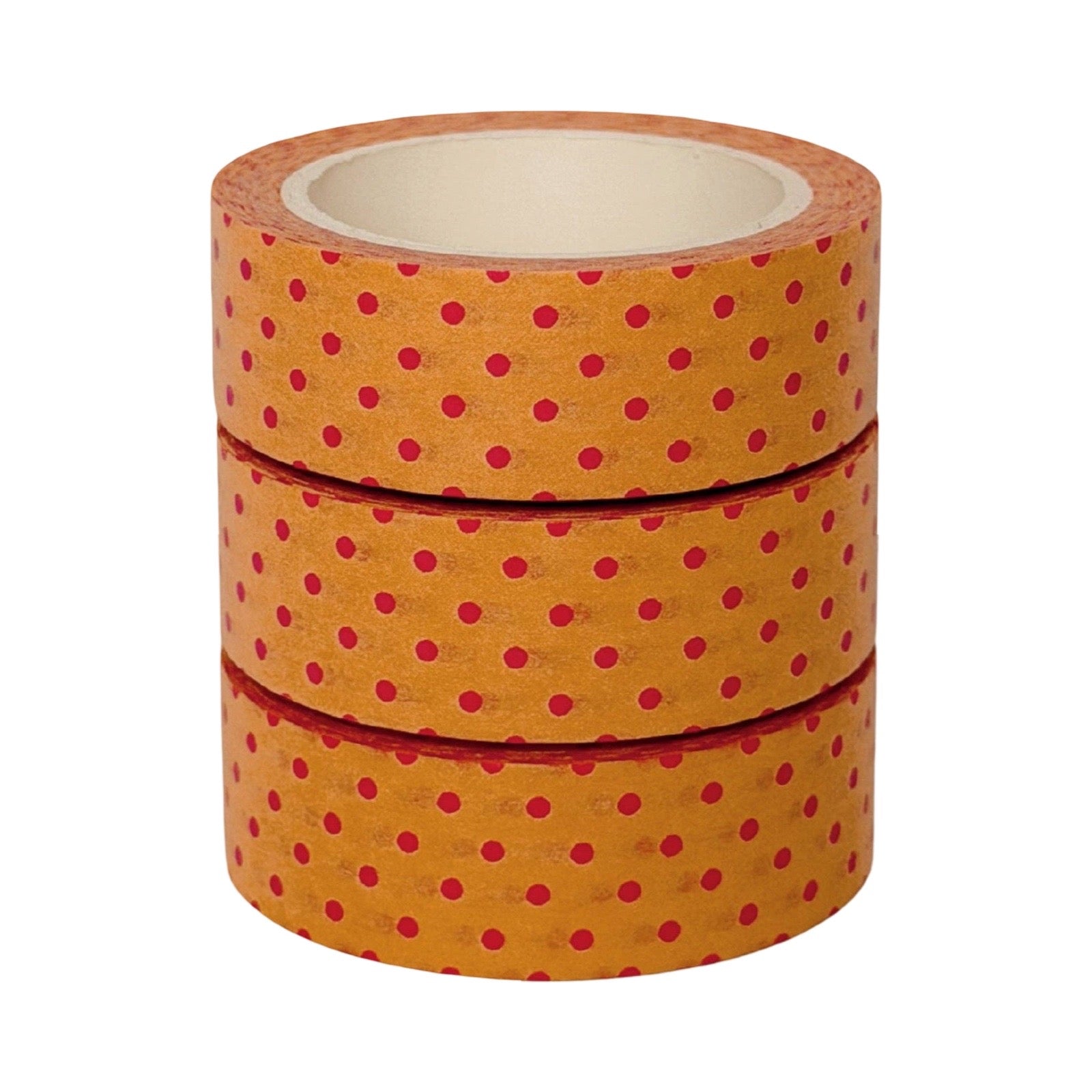 Three rolls of decorative washi tape stacked vertically, featuring a warm orange background with a pattern of small red polka dots, set against a plain white background.