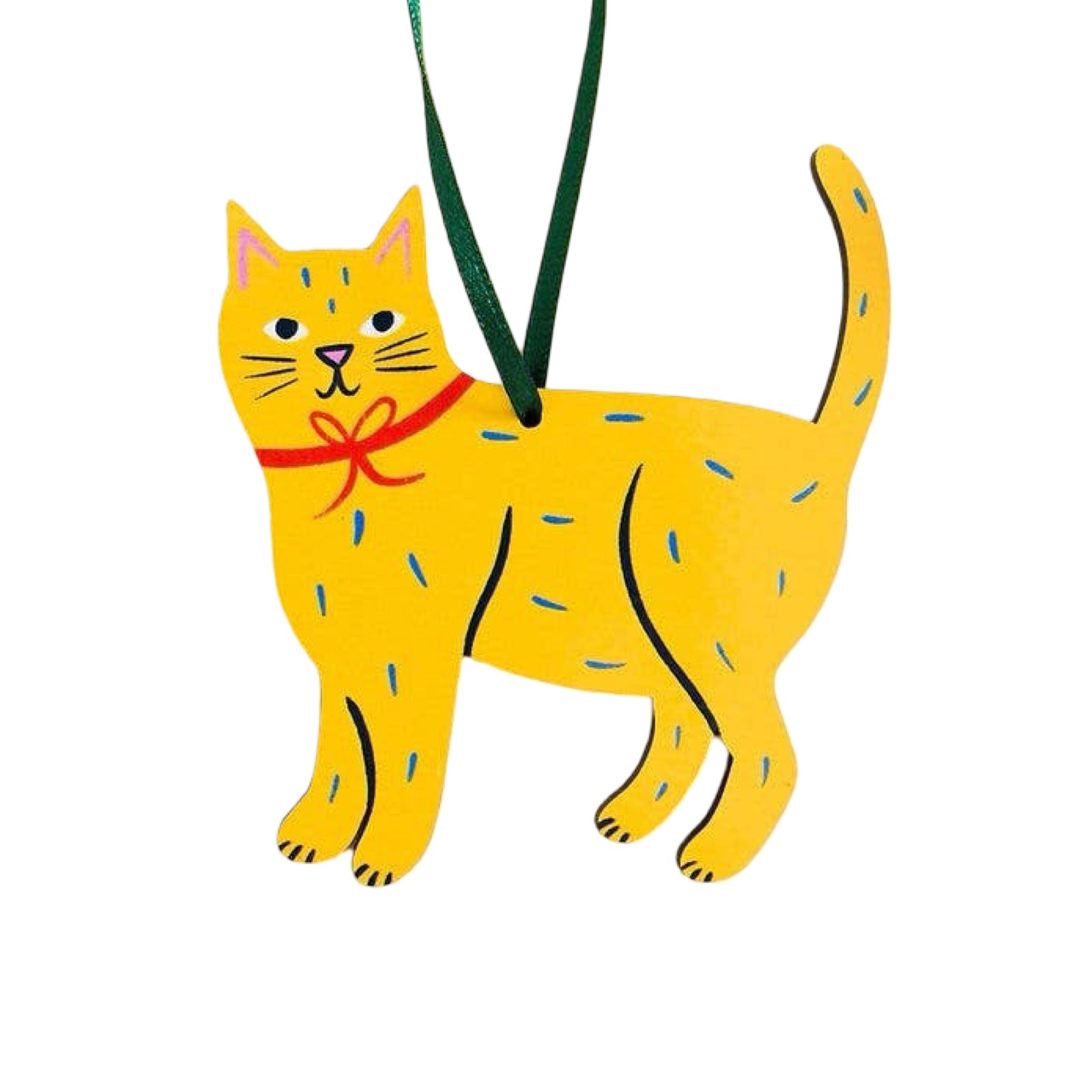 Wooden Christmas cat-shaped decoration in yellow with blue dashes.