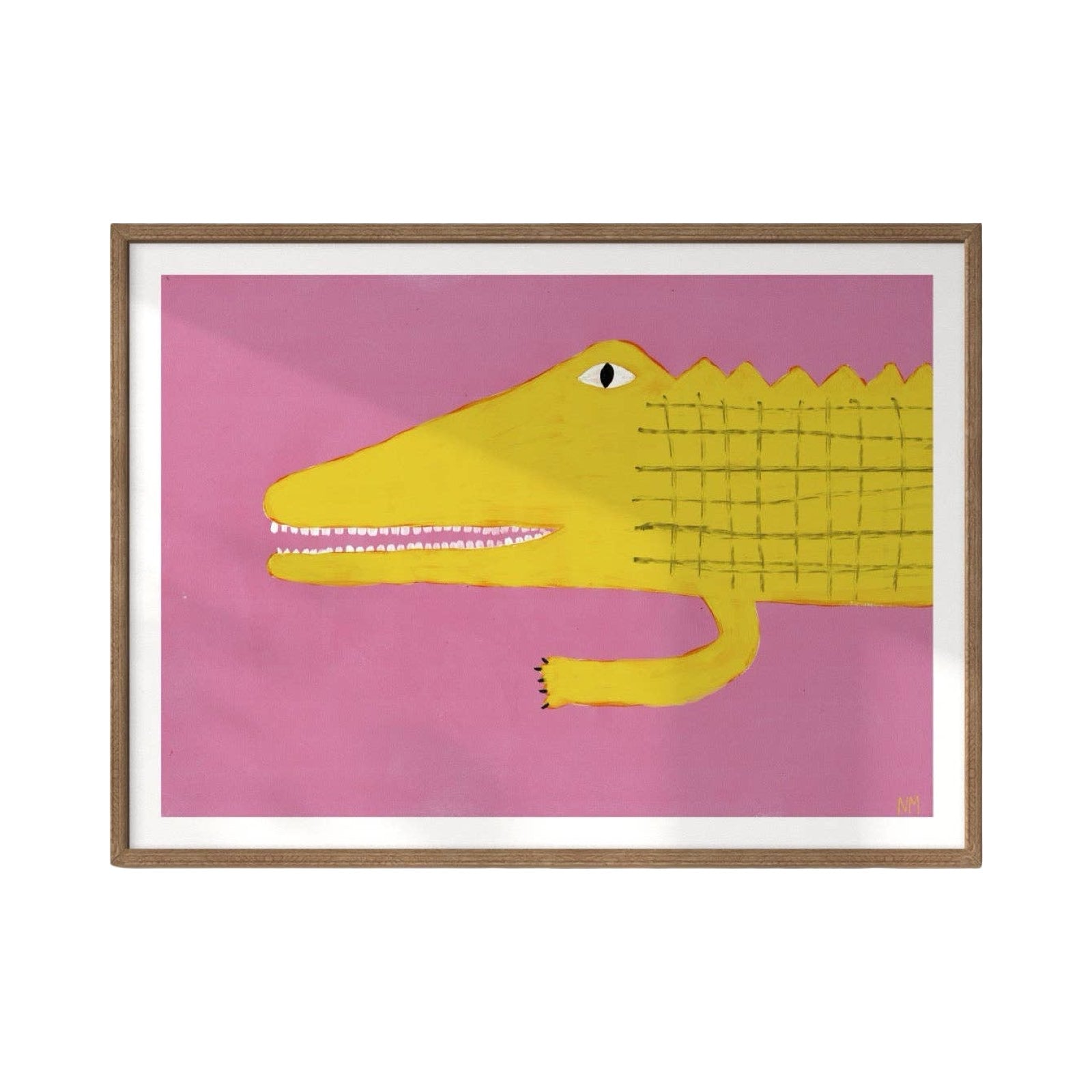 Framed artwork of a yellow crocodile on a pink background.