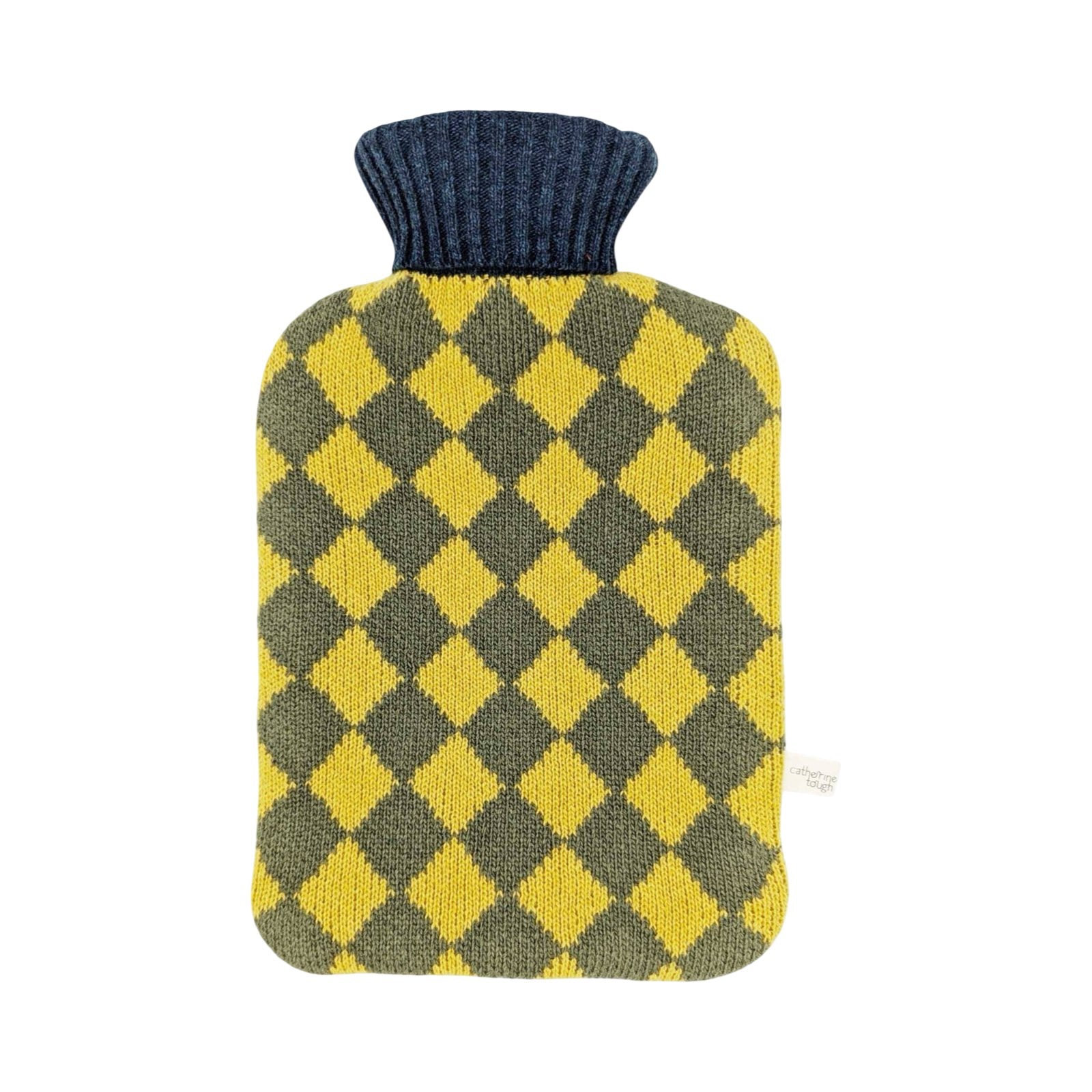 A knitted hot water bottle cover with a yellow and dark olive green diamond pattern and a dark navy blue neck, shown on a plain white background.
