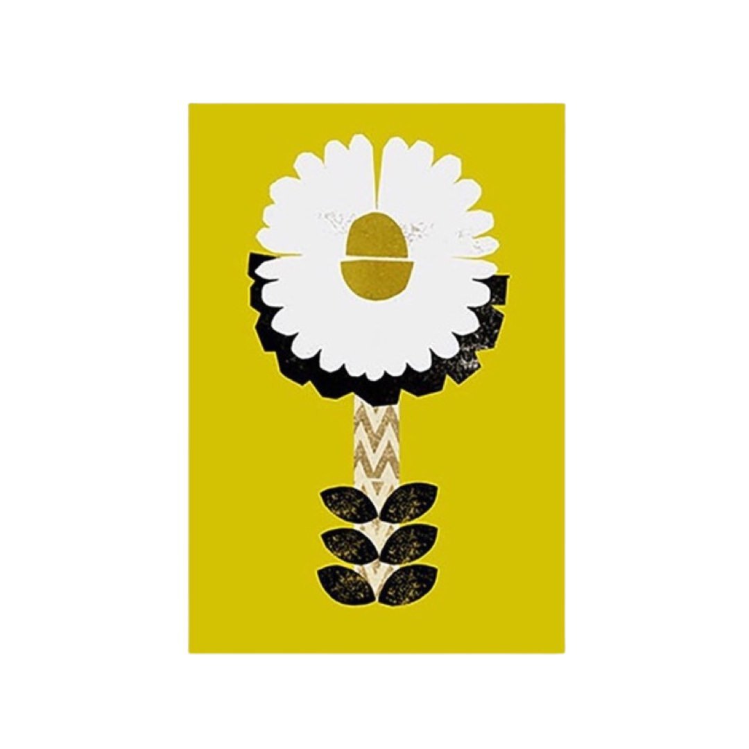 A print of a mid-century inspired white flower with a mustard centre and black petals, against a yellow background.