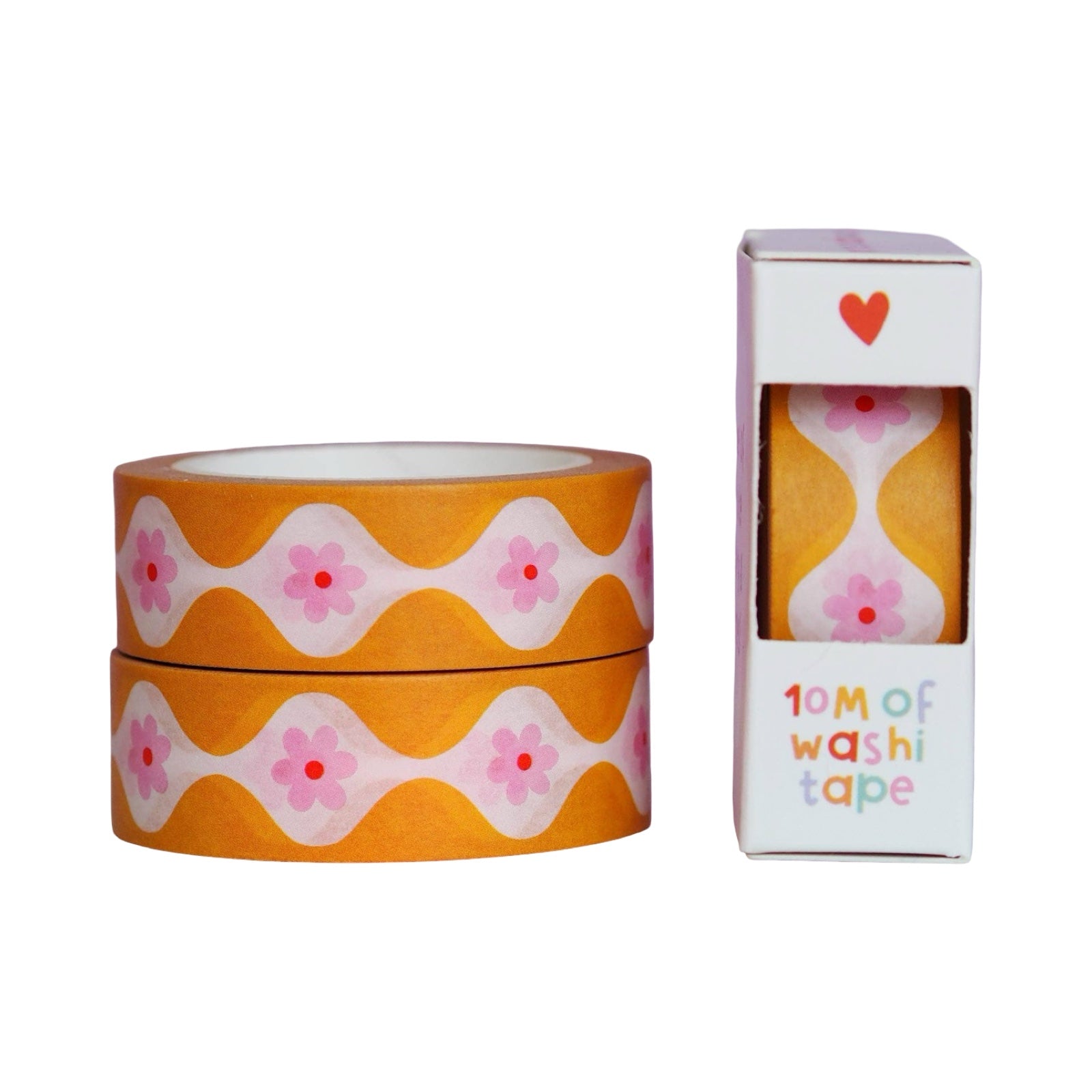 Washi tape with orange and pink floral design and white packaging on a white background.