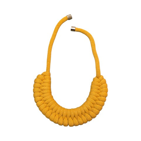 A hand-knotted style necklace made by hand from 100% recycled yellow cotton cord with a magnetic metal fastening.