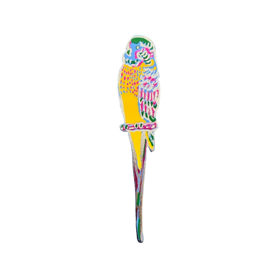 Leather budgie shaped bookmark in yellow, pink and blue