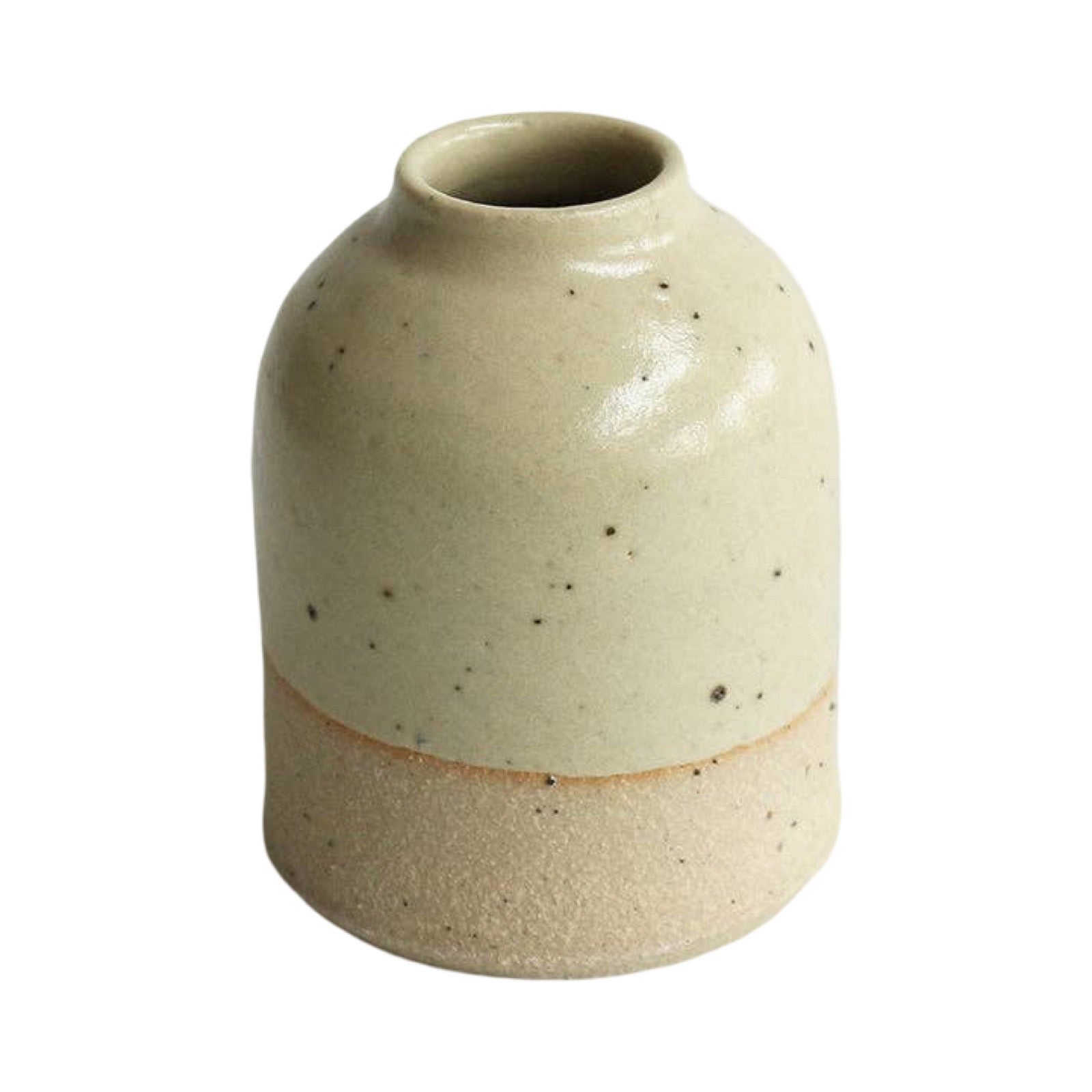 A small ceramic vase with a rounded body, short neck, and open top, featuring a speckled light beige to off-white glaze on the upper half and a rougher, unglazed sandy beige base on the lower half.