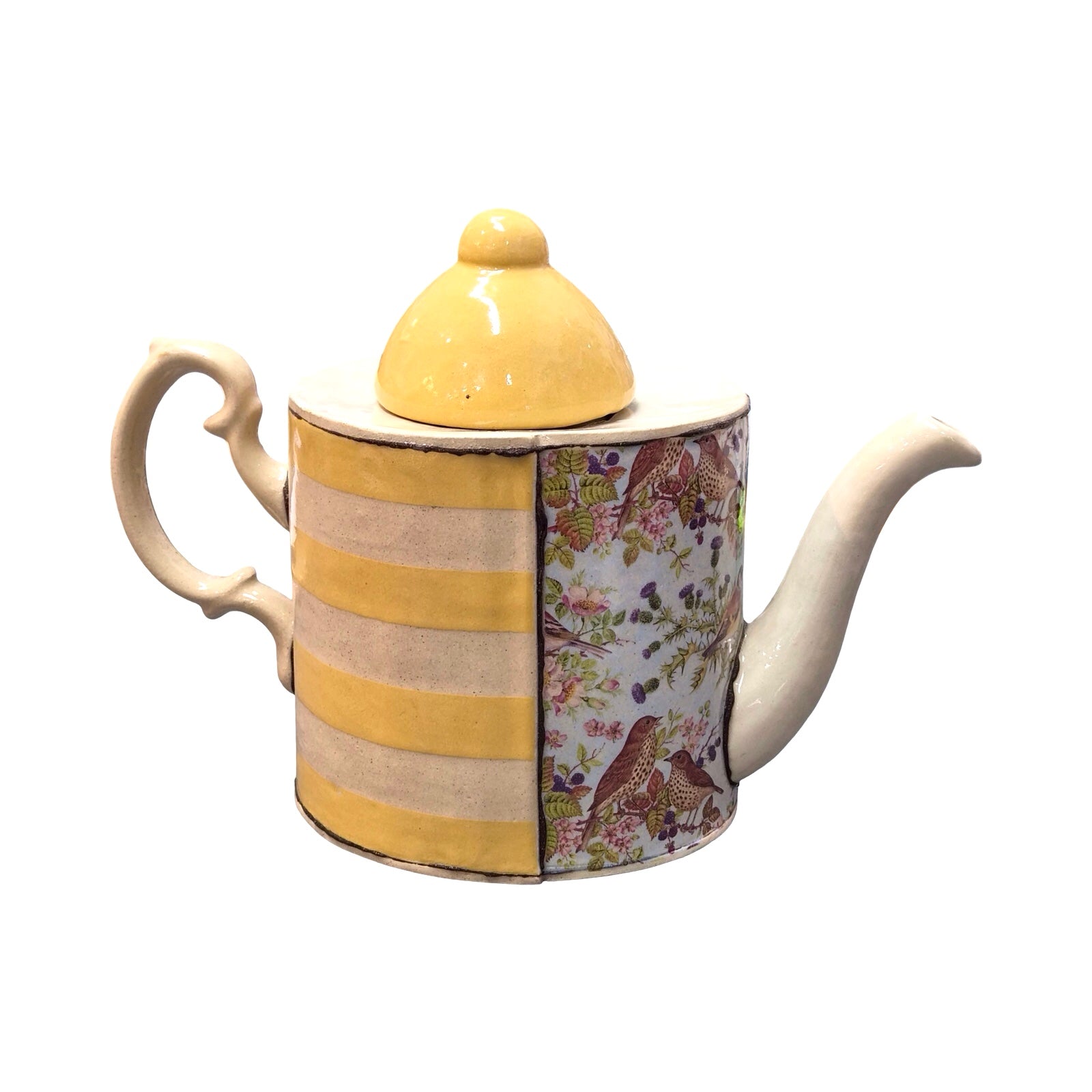 Ceramic teapot with floral pattern and yellow stripes on a white background.
