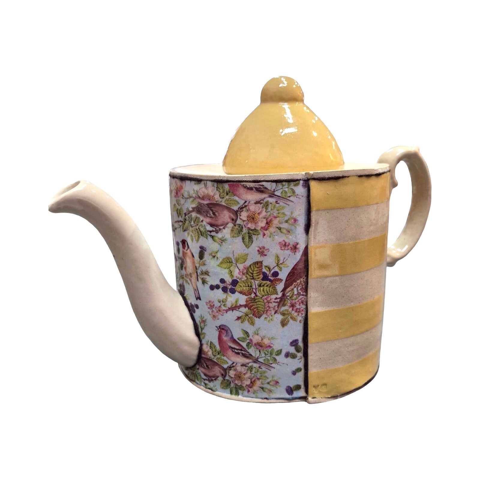 Ceramic teapot with floral and striped design on a white background.