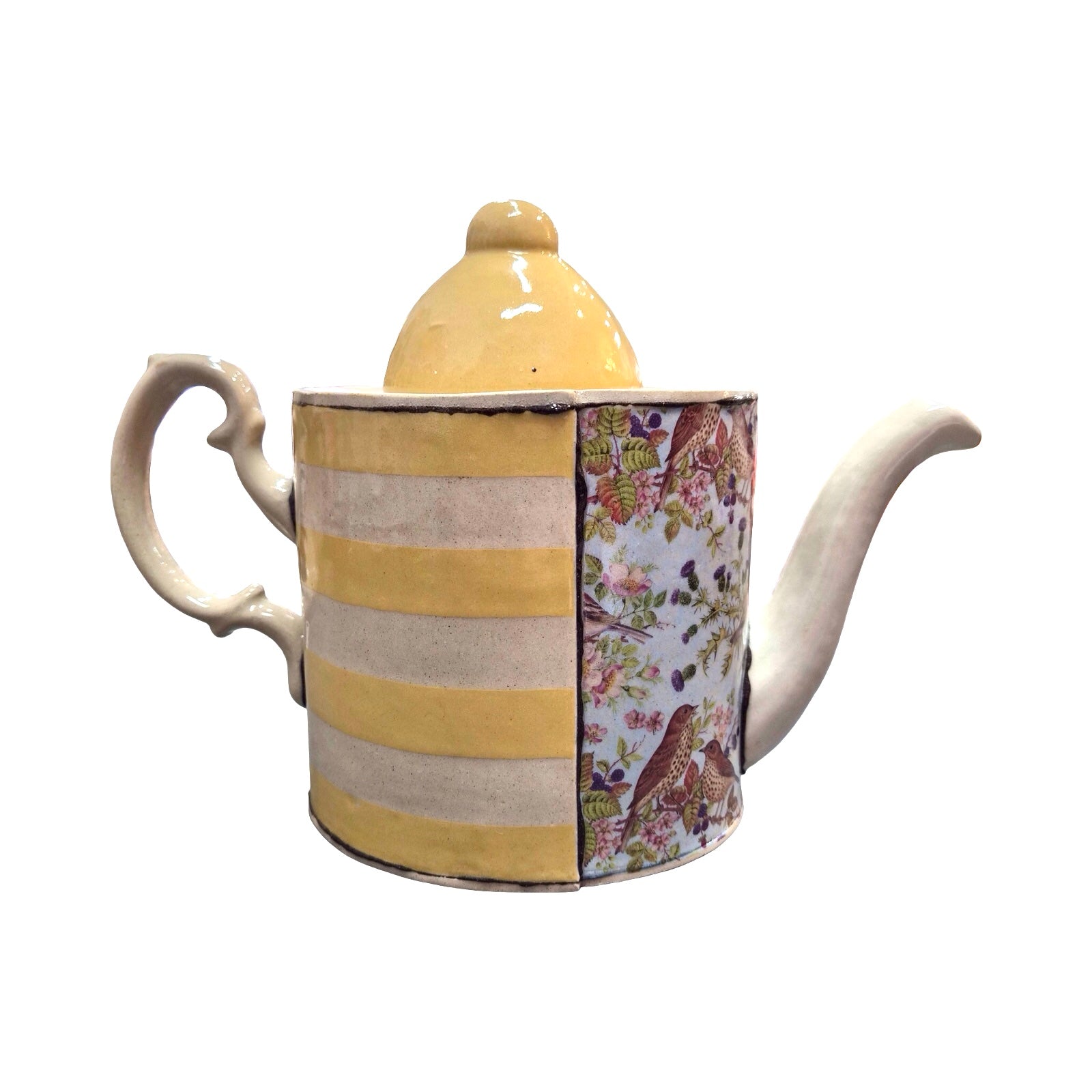 Ceramic teapot with floral patterned side and striped body on a white background.