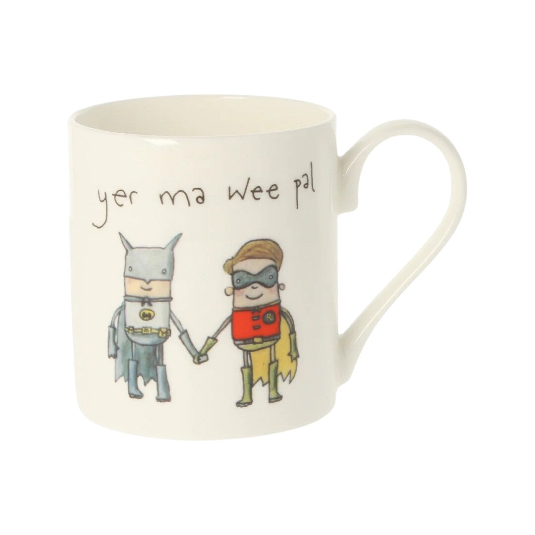 'Yer Ma Wee Pal china mug featuring an illustration of Batman and Robin holding hands.