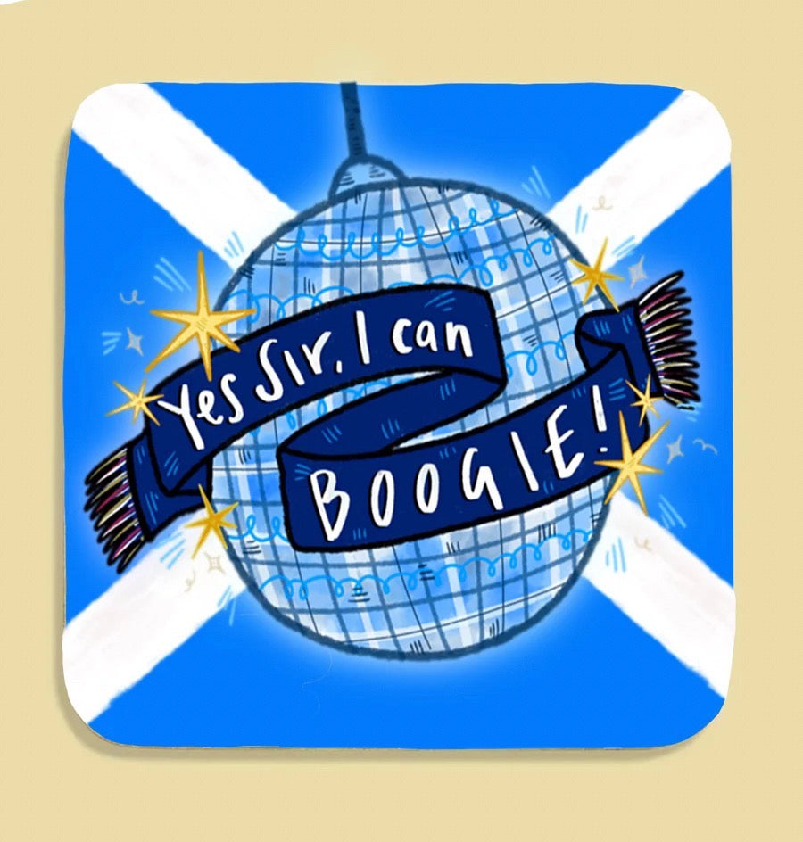 Coaster with a disco ball and scarf design on a Scottish flag background.